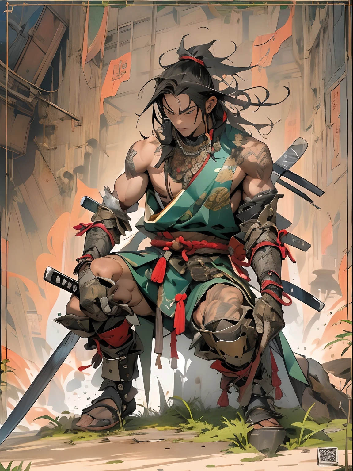 (((mtu))), (((best qualityer))), (((tmasterpiece))), (((AS-Adult))), ((( Japanese ))), Look up from your knees, Handsome Asian samurai，perfect body figure, Modern samurai, ((( Asian))), Wear gloves on your hands，The left arm is made of steel and metal tips，Made of protective devices, The eyes are pulled, (( Appears below the chest )), (( Small dental floss )), Simon Bisley, Almost naked（Simon Bisley）Castle City Wilderness，For high-resolution posters, hair straight, Minimum clothing, armure (Crazy clothes ), Full of tips and rivets, tribal tattoos, (((full bodyesbian))), Straight brunette hair，Colored hair ends