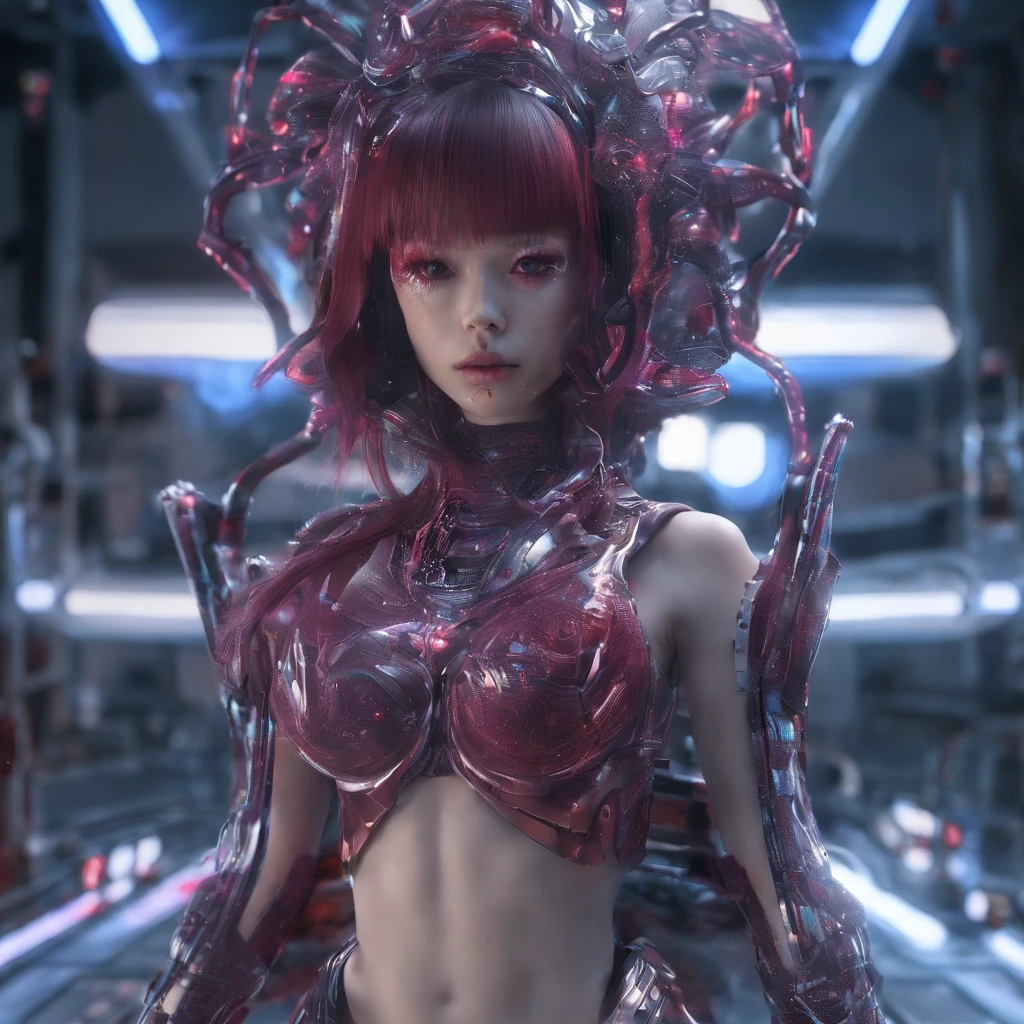 Genki Girl 32K（tmasterpiece，k hd，hyper HD，32K）Rolling flying linen constellation，Lizardhead platinum silk armor tulle Cyberpunk Space Station 1:90 miniatures，the sideview，semi transparent，Portrait close-up，Ice is permeable to gas，Film light and shadow，Full composition，Panorama ultra-wide angle，extremely happy，Pterostilbene has a delicate texture，Strong visual impact，Hyper-detailing，Genki girl，Refined face，prettyeyes，Cherry small mouth，Genki girl，high saturated，Long flowing burgundy hair，crystal-clear，Good sense of perspective，Light and shadow effects，16K smooth，Surface reflected light