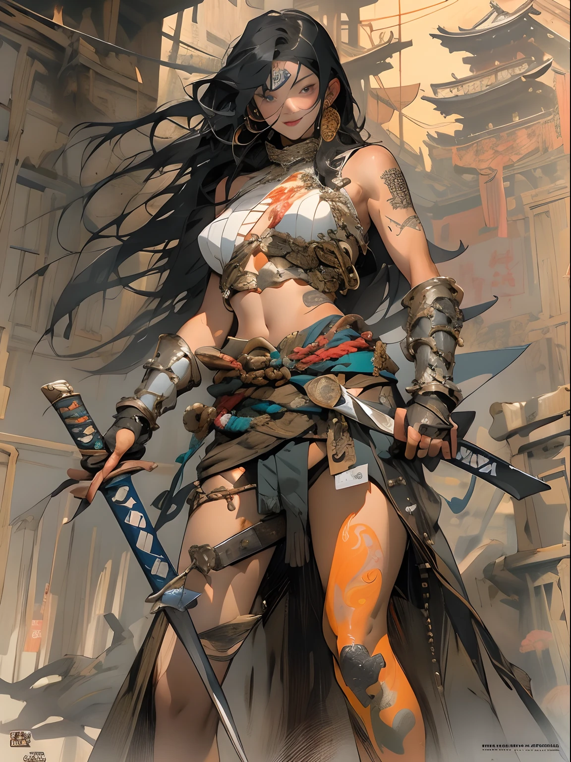 (((woman))), (((best qualityer))), (((tmasterpiece))), (((AS-Adult))), ((( Japanese ))), Look up from your knees, A beautiful asian samurai woman with perfect body, Modern samurai, ((( Asian))), Wear gloves on your hands,The left arm is made of steel and metal tips,Made of protective devices, The eyes are pulled, (( Appears below the breast )), (( Small dental floss )), Simon Bisley, Almost naked(Simon Bisley)Castle City Wilderness,For high-resolution posters, hair straight, Minimum clothing, armure (Crazy clothes ), Full of tips and rivets, tribal tattoos, (((full bodyesbian))), Straight brunette hair,Colored hair ends