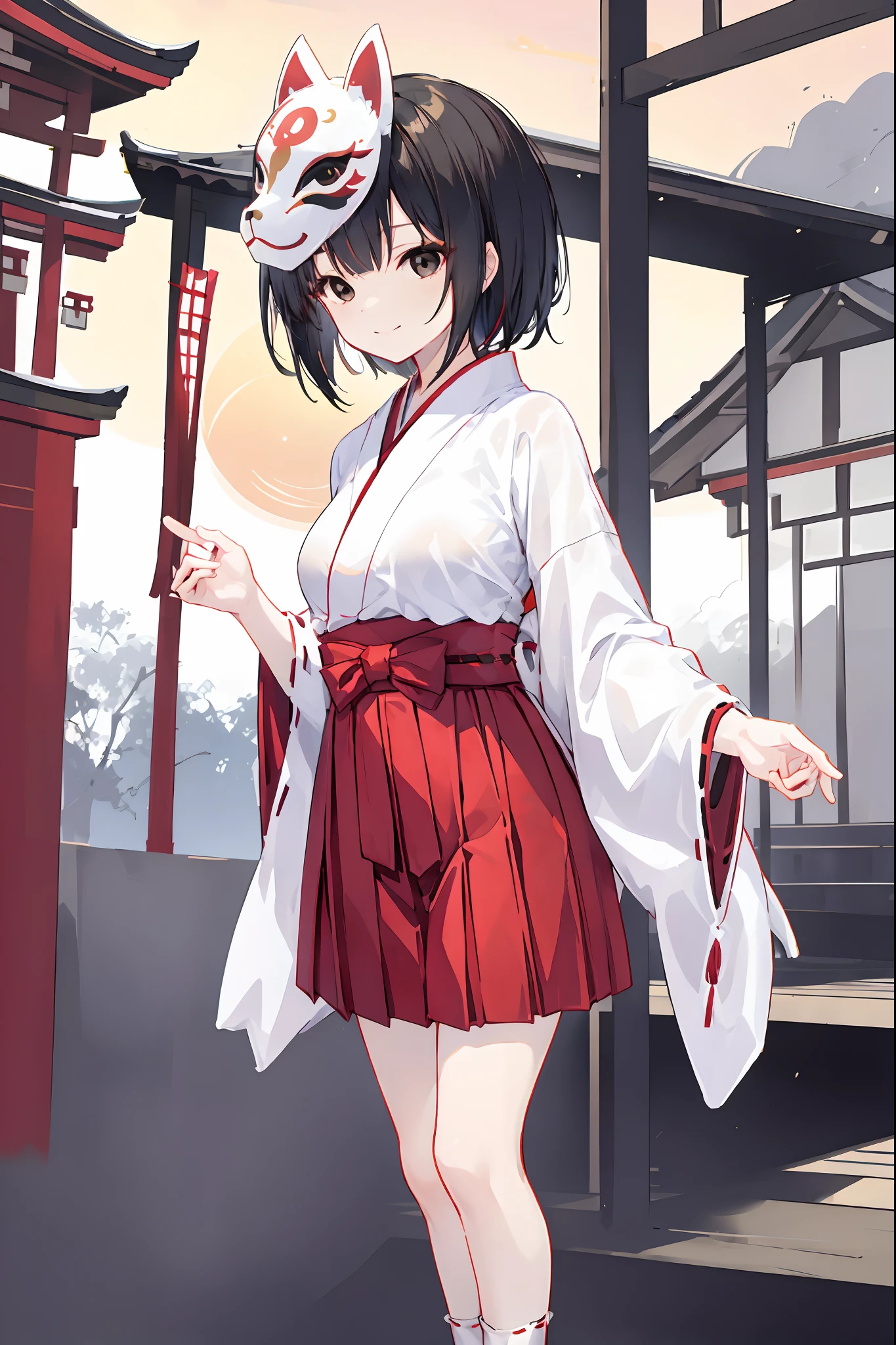 1girl, short black hair girl with black eyes, smiling, wearing yaokaimask, wearing kitsune mask, (miko outfit), ((red short hakama skirt)), white socks, miko girl, (****), small boobs, temple background, sunset