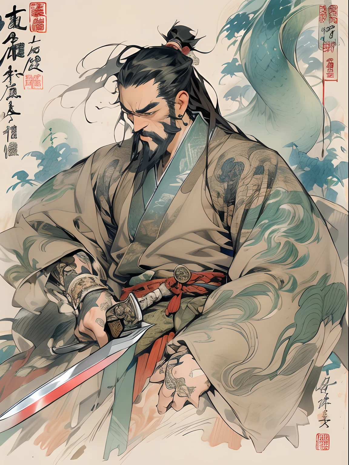 (((China-style，Ink painting method，Half-length portrait，Intense color，Han dynasty, China，Hanfu，Armor，Guan yu，Guan Yunchang，of a guy，Ruddy killing square face，Hold the Blue Dragon Moon Knife in his right hand，Stroke your beard with your left hand，Long hair，petty eyes，Green robe))), (((best qualityer))), (((tmasterpiece))), (((AS-Adult))), ((( Japanese ))), Look up from your knees, Handsome Asian samurai，perfect body figure, Modern samurai, ((( Asian))), Wear gloves on your hands，The left arm is made of steel and metal tips，Made of protective devices, The eyes are pulled, (( Appears below the chest )), (( Small dental floss )), Simon Bisley, Almost naked（Simon Bisley）Castle City Wilderness，For high-resolution posters, hair straight, Minimum clothing, armure (Crazy clothes ), Full of tips and rivets, tribal tattoos, (((full bodyesbian))), Straight brunette hair，Colored hair ends