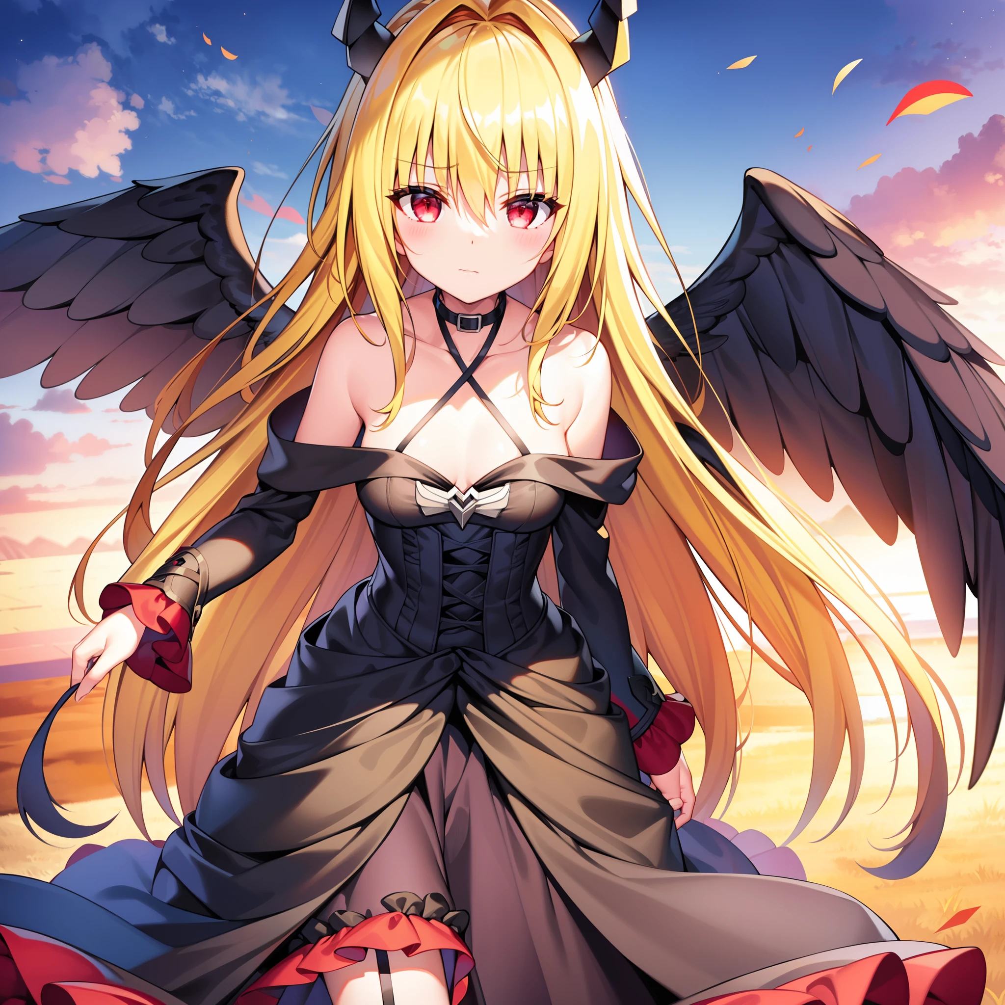 (masterpiece:1.6, best quality), (finely detailed beautiful eyes: 1.2), phyami, yamidarkness, 1girl, solo, blonde hair, wings, long hair, horns, red eyes, black wings, bare shoulders, hair intakes, collarbone, choker, demon horns, halterneck, feathered wings, collar, anime coloring, hair between eyes, criss-cross halter, black dress, demon girl, bangs, very long hair