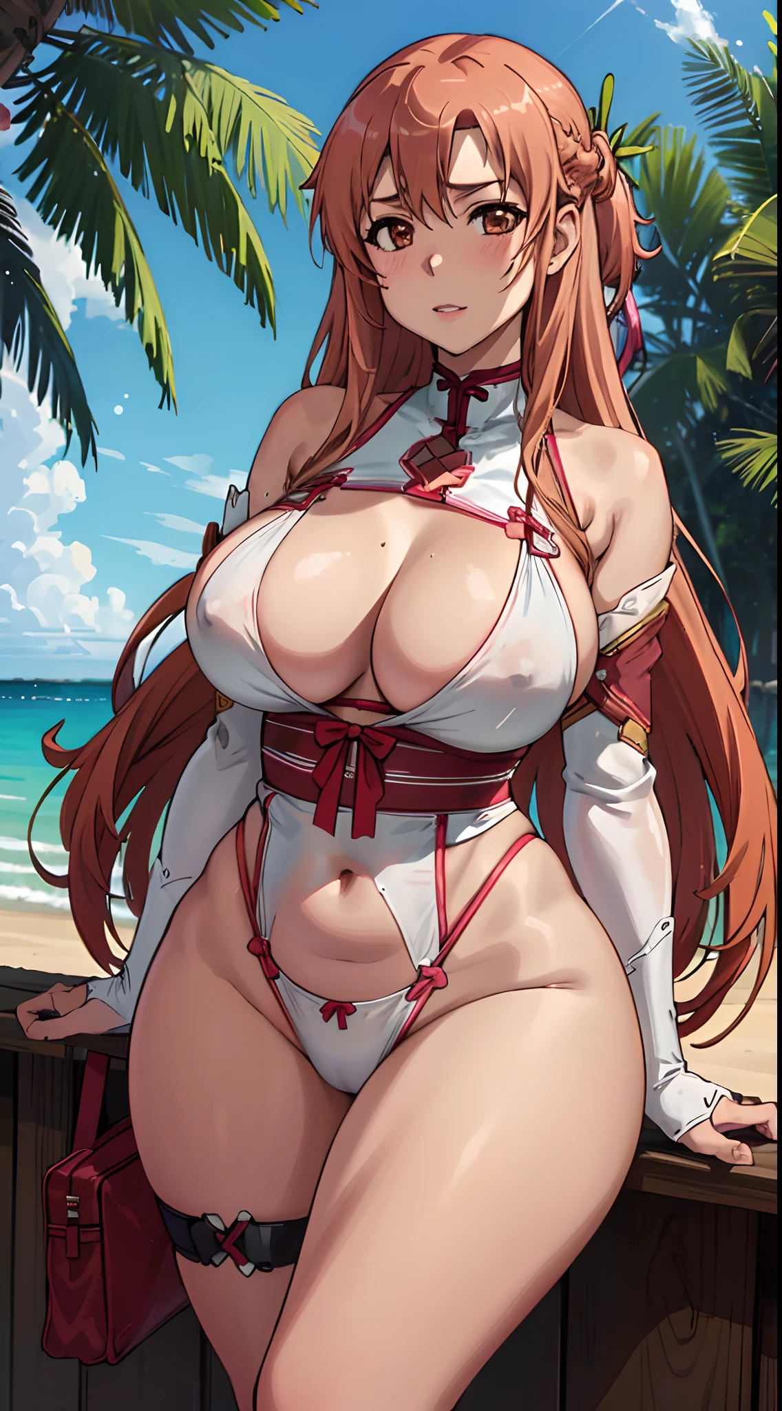 (best quality:1.3), Asuna Yuuki, (biquini preto), peituda, clivagem, (bochechas rosadas), sedutora, rosto sexy, sexy, body curvy, bunda grande, peitos grandes,(praia)