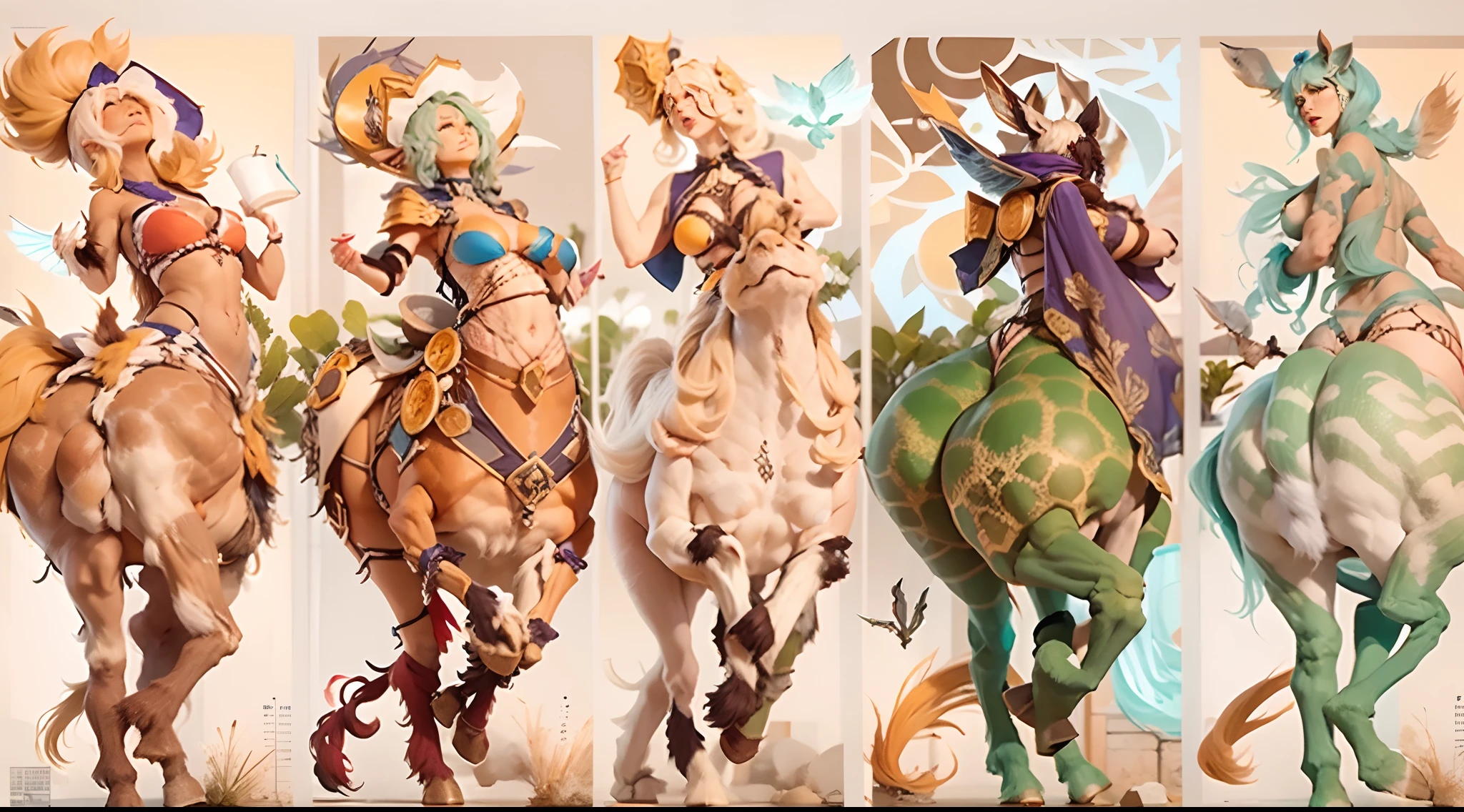 In the beautiful illustration of this super-grand scene,The ultra-distant lens shows us(Over eight separate and distinctive centaur characters:9.9),They all have their own characteristics,Vivid and interesting。Radiant from the heavens(Angelic centaurs:6.6),To nightmarish is(Centaurs surrounded by flames:6.6)、And then to the wind dancing in the air(Fairy centaurs:6.6)、And thunder and lightning surrounding(One-horned centaur:6.6),and shining metallic ones(Mechanical style centaur:6.6)、And then(A centaur with colorful dragon scales covering the whole body:6.6)The power is powerful、Elegant and agile(Elf centaur's slenderness:6.6)Gracefully wears a flower crown、Enchanting and charming(Tiflin centaurs:6.6)、Have the indescribable(Raised sexy:6.6)'s(Succubus centaurs:6.6)。Each character has their own unique charms and abilities。The illustration uses advanced artistic techniques and tools,(Divide the scene into sections by geometric arrangement:9.9),Each section corresponds to a centaur character,This makes more efficient use of space。Through Midjourney's advanced brush tools、Color palette、Material packs and model packs、Texture tools,For each centaur, beautiful props are designed to increase racial characteristics、Clothing and physical features,(Enhances the character's personality and visual appeal:2.5),The scenery in the illustrations is stunning,There are changing skies、rainbowing、extreme light、Stars and Moon。Incorporating iconic landmarks such as Mount Everest,and fireworks、tranquil lake、Natural and urban elements of waves and neon lights,Creates a magical atmosphere,The centaurs display their unique abilities and equipment in a variety of environments,This is true even in extreme alien landscapes。(Use Midjourney's tools、Material packs、Texture tools、The color palette makes depicting details vivid and realistic:9.9),From complex hairstyles and as well as different racial traits、Body、Appearance features、Clothing to real textures,This greatly enhances the realism of the cha