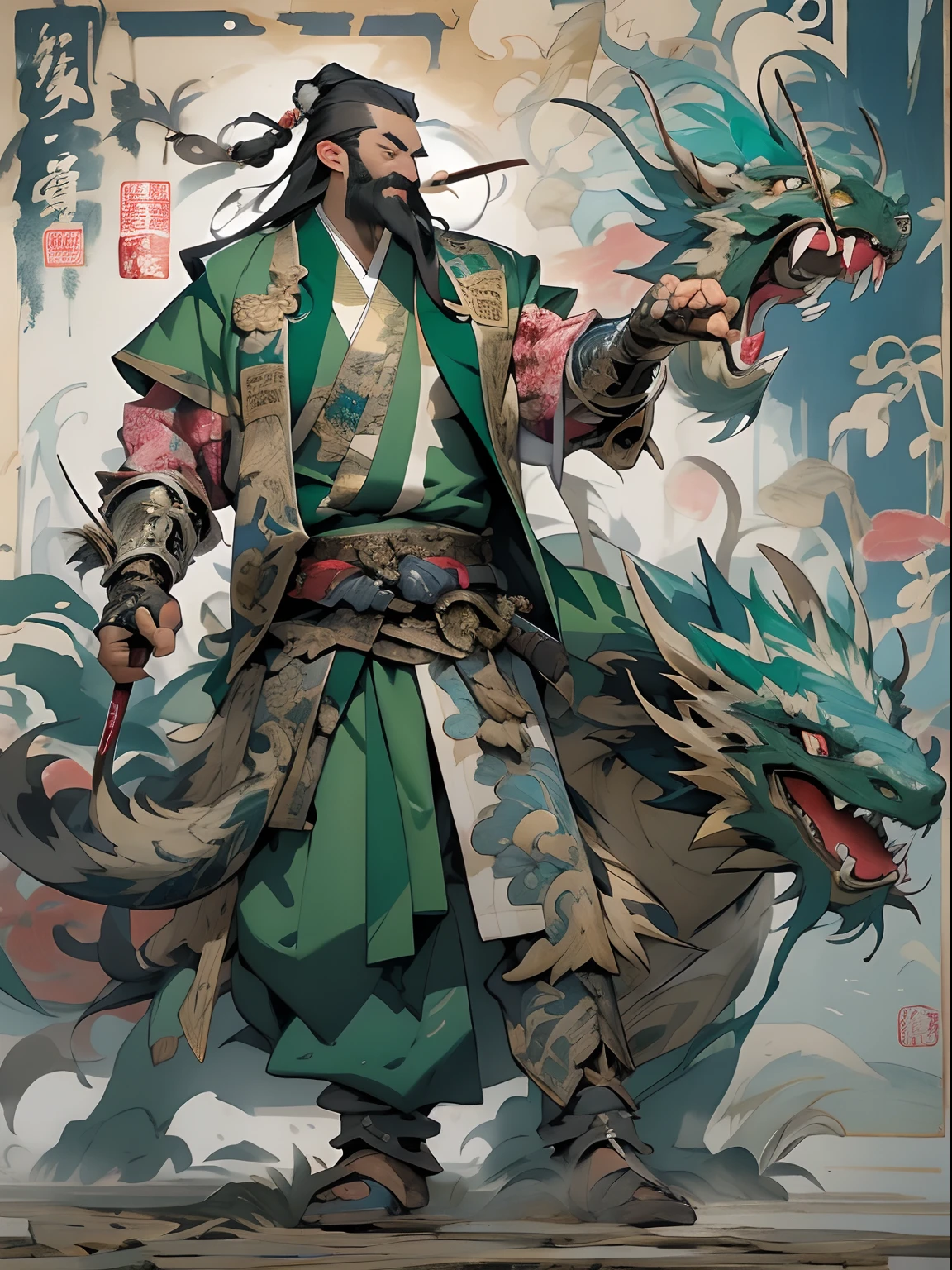 (((China-style,Ink painting method,Half-length portrait,Intense color,Han dynasty, China,Hanfu,Armor,Guan yu,Guan Yunchang,of a guy,Ruddy killing square face,Hold the Blue Dragon Moon Knife in his right hand,Stroke your beard with your left hand,Long hair,petty eyes,Green robe))), (((best qualityer))), (((tmasterpiece))), (((AS-Adult))), ((( Japanese ))), Look up from your knees, Handsome Asian samurai,perfect body figure, Modern samurai, ((( Asian))), Wear gloves on your hands,The left arm is made of steel and metal tips,Made of protective devices, The eyes are pulled, (( Appears below the chest )), (( Small dental floss )), Simon Bisley, Almost naked(Simon Bisley)Castle City Wilderness,For high-resolution posters, hair straight, Minimum clothing, armure (Crazy clothes ), Full of tips and rivets, tribal tattoos, (((full bodyesbian))), Straight brunette hair,Colored hair ends