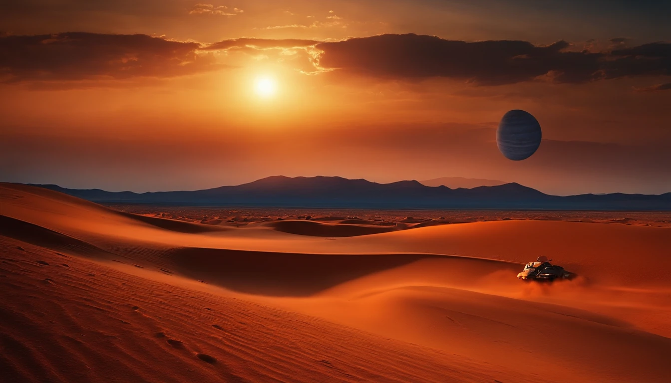 Arid planetary surface, sin vida, Alien desert, with mountains on the horizon, una flotilla de naves espaciales cruza el cielo a lo lejos, un o dos planetas rojo y naranja en el firmamento, Heavy atmosphere, calor, humedad, niebla, polvo en el aire, atardecer muy caliente, Hyperrealistic image real photography 16K, cinematography lighting, Dramatic image of vibrant colors, nubes aterradoras delante de los planetas. Nave espacial posada en el piso, 2 alien beings patrol