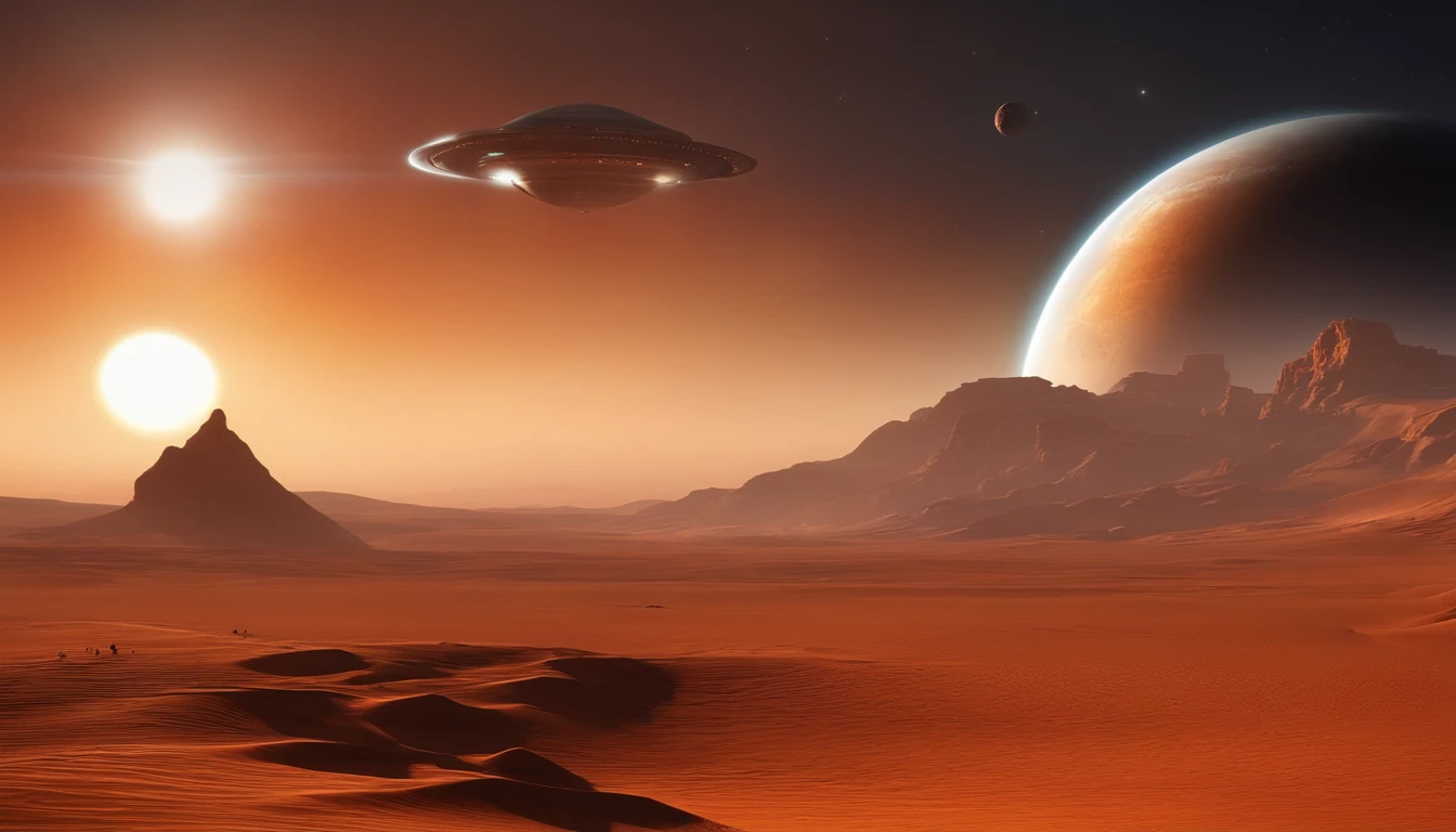Arid planetary surface, sin vida, Alien desert, with mountains on the horizon, una flotilla de naves espaciales cruza el cielo a lo lejos, un o dos planetas rojo y naranja en el firmamento, Heavy atmosphere, calor, humedad, niebla, polvo en el aire, atardecer muy caliente, Hyperrealistic image real photography 16K, cinematography lighting, Dramatic image of vibrant colors, nubes aterradoras delante de los planetas. Nave espacial posada en el piso, 2 alien beings patrol