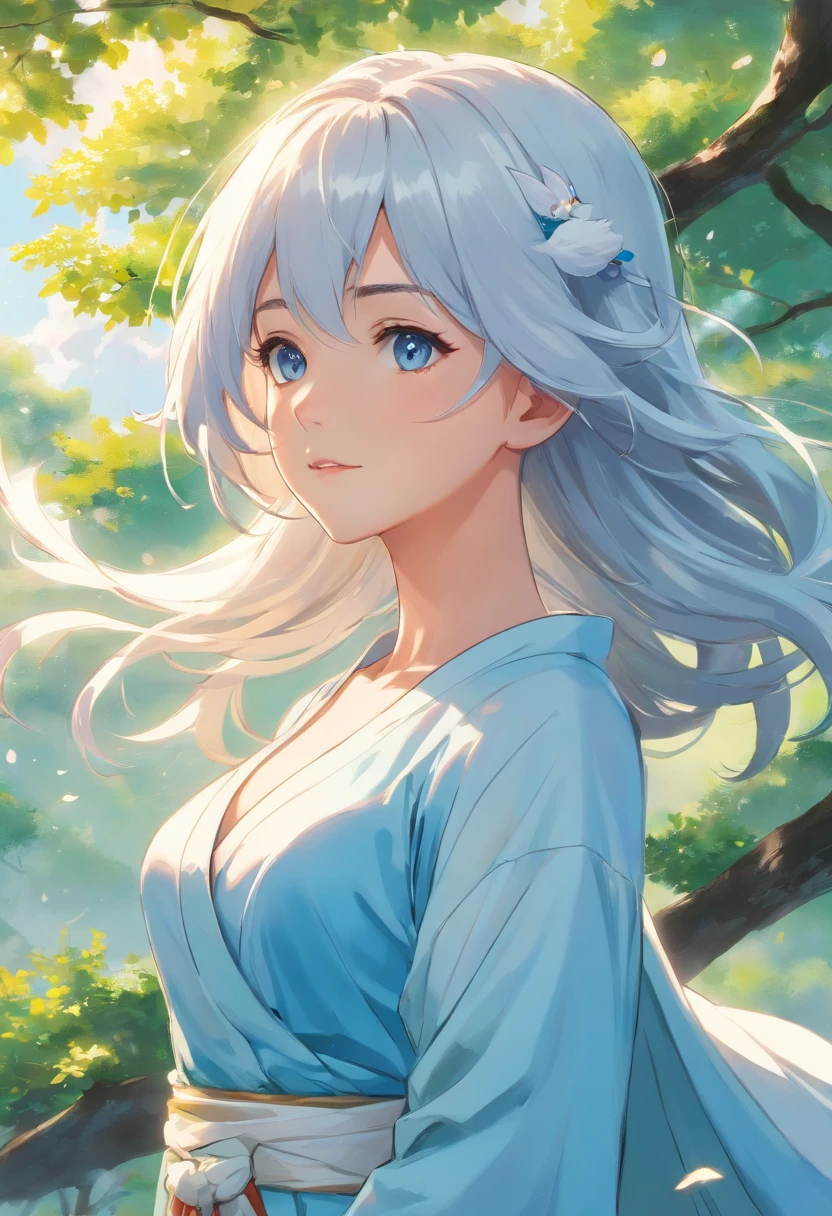 Close-up of a girl in a blue dress, white-haired god, flowing white robe,flowing magic robe, nine tails, He wears a long, flowing robe，Fuchsohren，Fox Demon，sehr detailliert，（（tmasterpiece）），（Teig），Kompliziert，Kirchenmalerei，（（（1个Huge Chest Girl））））Bilderrahmen，phantasievoll，Exquisite Steppe，Zauberin Frau，Hirten haben graue Haare，（Lovely face），beautiful detailed face，extremely delicate and beautiful girl，Under a big tree，Sonniger, klarer Himmel，Wind，beautifull sky，Cumulus-Wolke