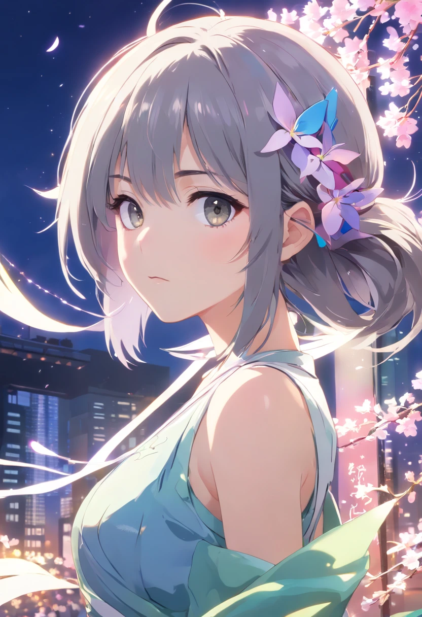 (Kizi: 1.5), Spitze, ribbon, Hanfu, (Meisterwerk, Seitenlicht, delicate and beautiful gray eyes: 1.2), Meisterwerk, realistisch, Leuchtende Augen, shinny hair, DUNKLES Haar, Lange Haare, shinny skin, nur, peinlich, strapless, Delikat, beautiful, Garten, Blumen, Fluttering petals,