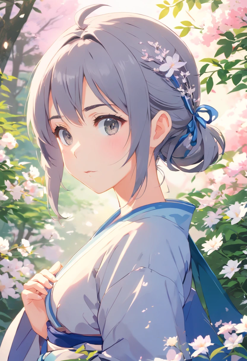 (Kizi: 1.5), Spitze, ribbon, Hanfu, (Meisterwerk, Seitenlicht, delicate and beautiful gray eyes: 1.2), Meisterwerk, realistisch, Leuchtende Augen, shinny hair, DUNKLES Haar, Lange Haare, shinny skin, nur, peinlich, strapless, Delikat, beautiful, Garten, Blumen, Fluttering petals,