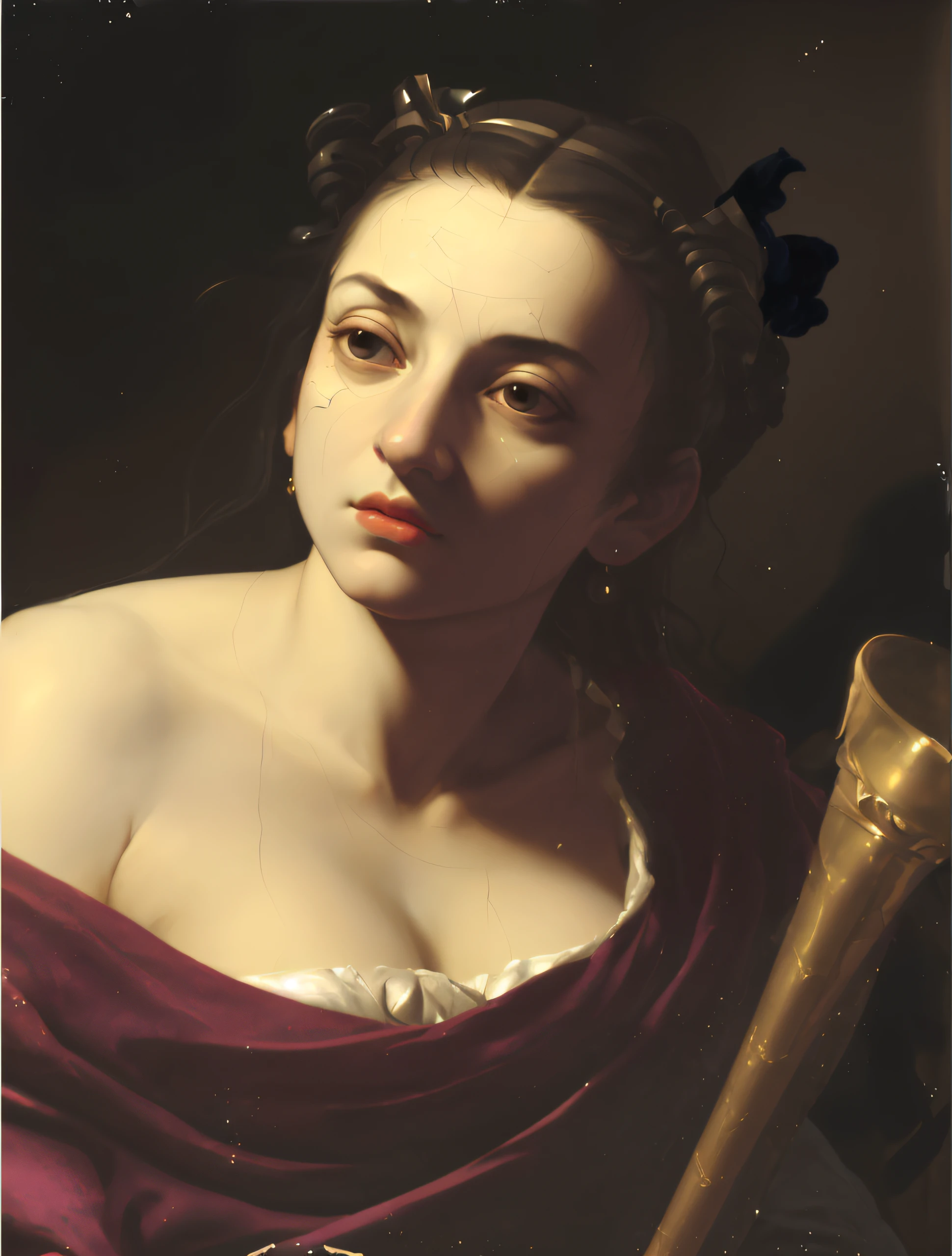 artemisia gentileschi can you render her face. No cracks, and make it smooth. Render her skin smooth. Make sure that her skin is contour. Pupils in her eyes glare. Also make the background smoother like a gradient. The trumpet next to her make it smooth. Also, make a halo around her head like a Greek goddess