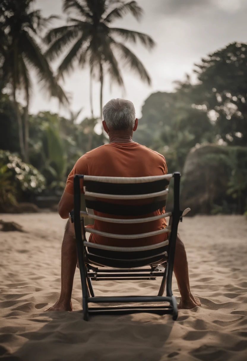 a man is relaxing in Bali and playing sports, namely straightening his back on an ergonomic chair made from eco-materials, namely from recycled plastic, the man is in sportswear, shorts and a T-shirt and looks like a resident of Baliи.