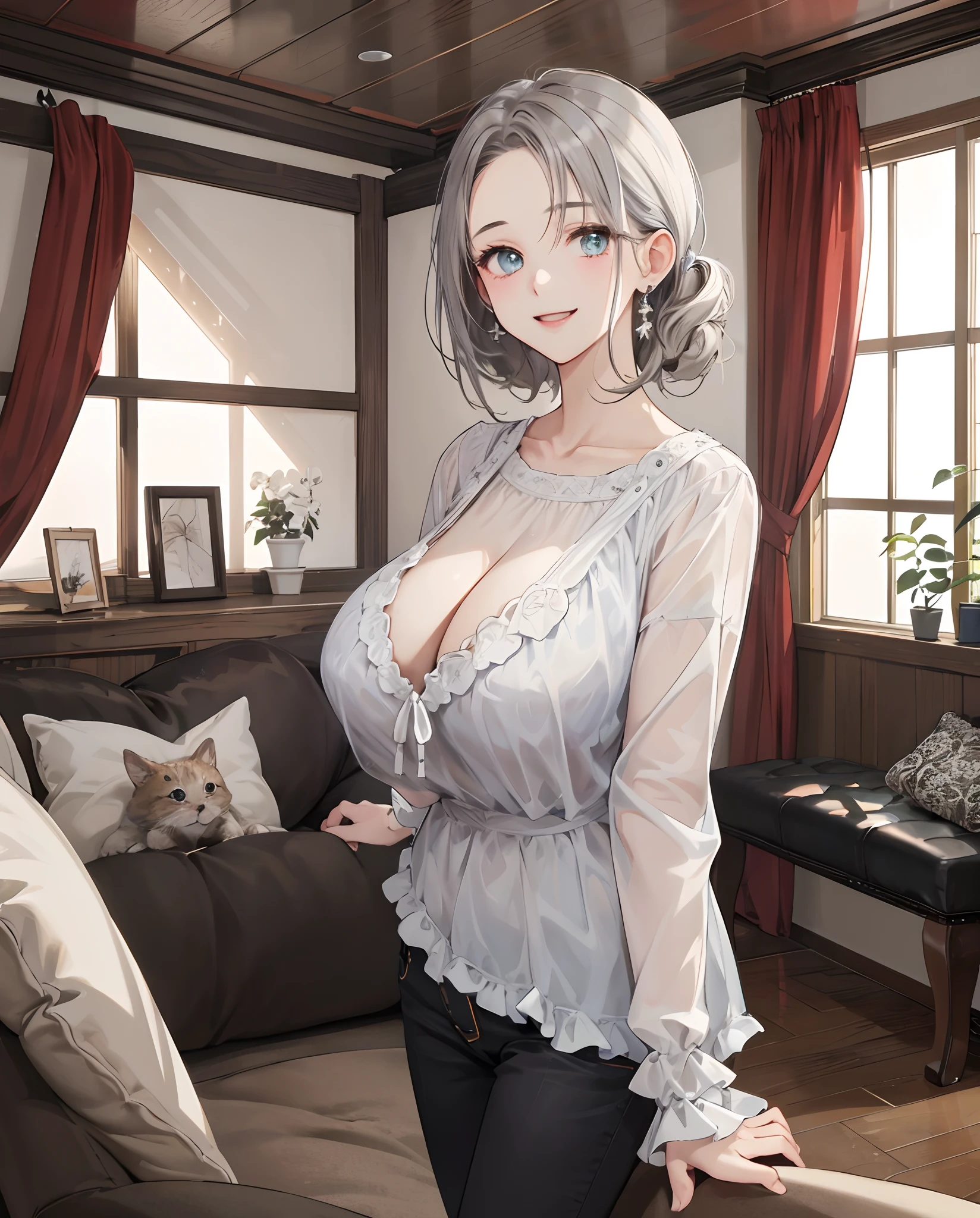 ((top-quality、8K、masterpiece:1.3))、1girl in、Slim Abs Beauty:1.3、(Hairstyle Casual、huge tit:1.2)、doress:1.1、Super fine face、Delicat eyes、二重まぶた、a smile、home、Stay in the room、Have black and white animals、