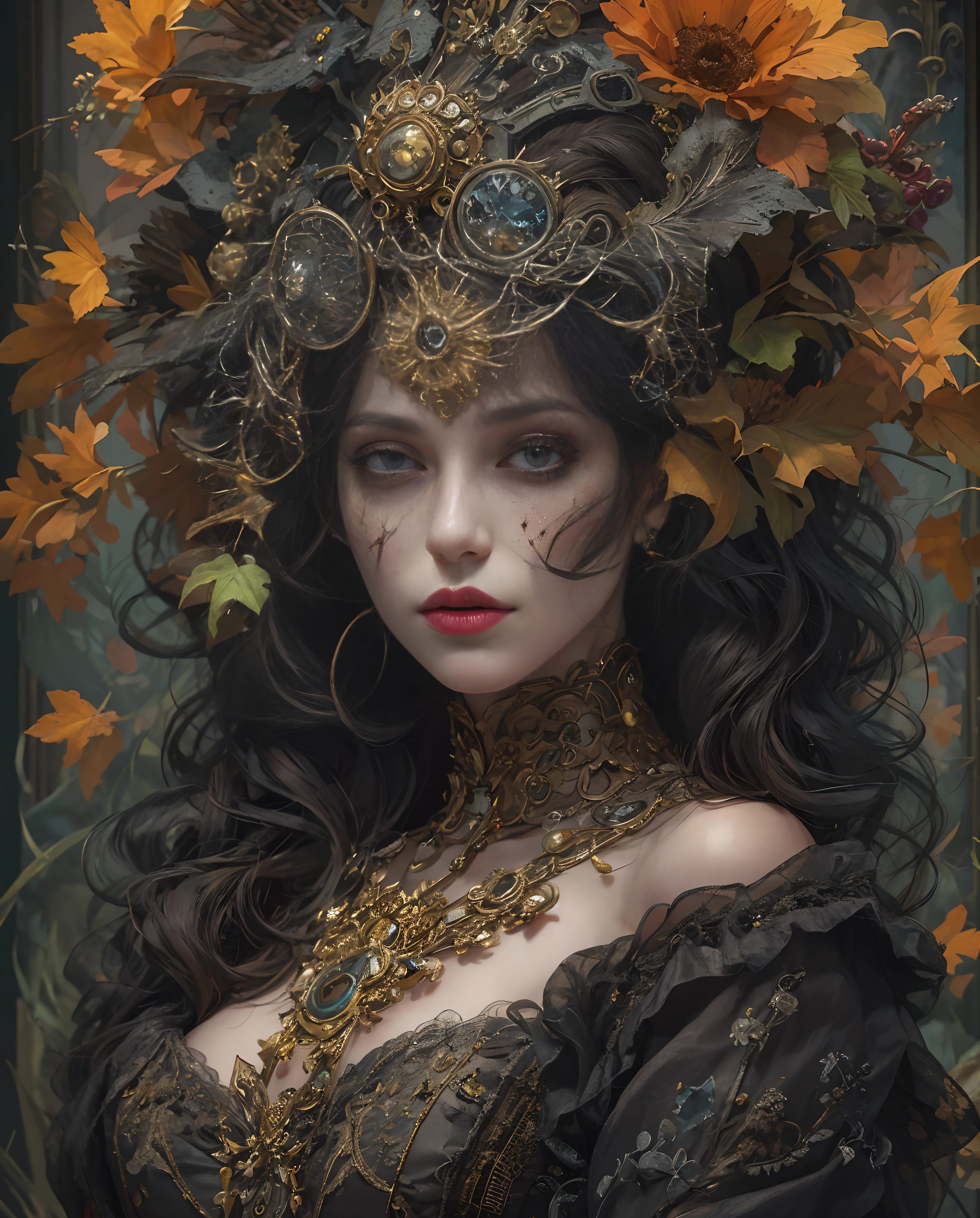 Best quality, masterpiece, meticulous details, intricate detail, a mystical halloween lady