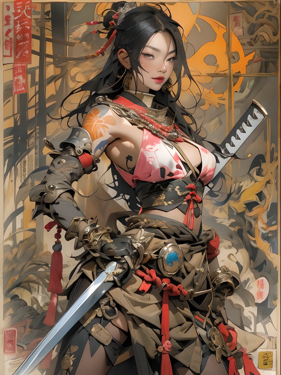 (((woman))), (((best qualityer))), (((tmasterpiece))), (((AS-Adult))), ((( Japanese ))), Look up from your knees, A beautiful asian samurai woman with perfect body, Modern samurai, ((( Asian))), Wear gloves on your hands,The left arm is made of steel and metal tips,Made of protective devices, The eyes are pulled, (( Appears below the breast )), (( Small dental floss )), Simon Bisley, Almost naked(Simon Bisley)Castle City Wilderness,For high-resolution posters, hair straight, Minimum clothing, armure (Crazy clothes ), Full of tips and rivets, tribal tattoos, (((full bodyesbian))), Straight brunette hair,Colored hair ends