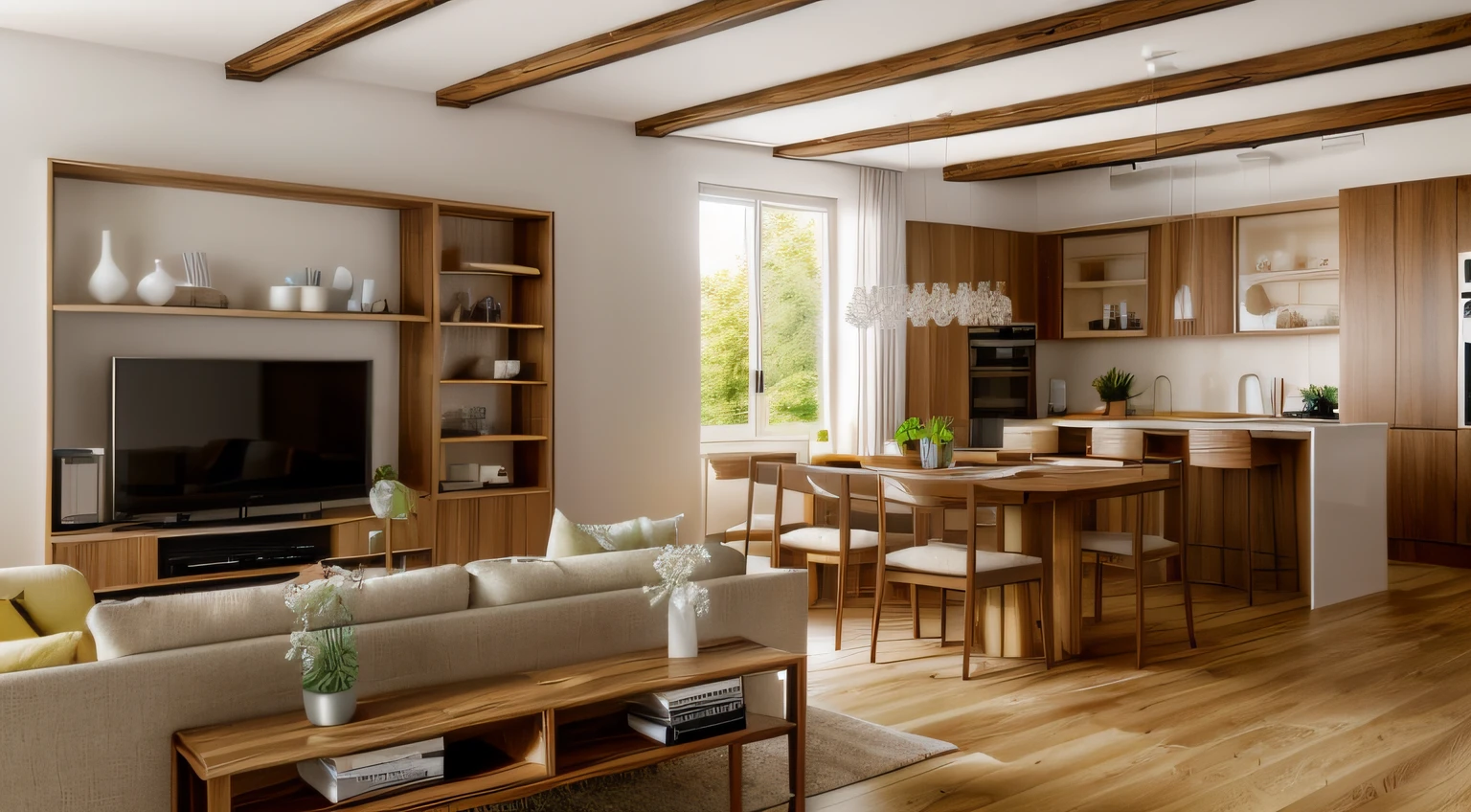 a modern living and dining area. The living area has a wooden floor and a large window with blinds. The furniture includes a large beige sofa with a wooden coffee table in front of it. The coffee table is made of dark oak wood and has a white flower vase on it. The living area also has a large TV mounted on the wall with a shelf below it. The shelf has some decorative items on it. The dining area has a round wooden table with four chairs around it. The table is set with plates, cutlery, and glasses. From afar, we can see the kitchen with a large island and modern appliances. The room has large windows that let in natural light. The color scheme of the room is neutral with beige, white, and wood tones.