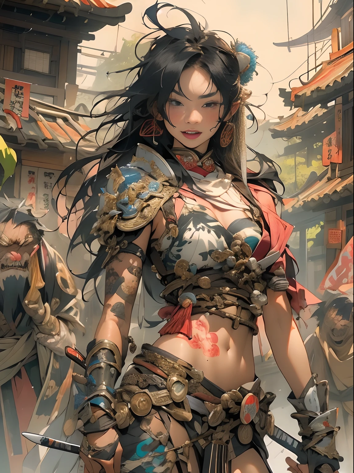 (((woman))), (((best qualityer))), (((tmasterpiece))), (((AS-Adult))), ((( Japanese ))), Look up from your knees, A beautiful asian samurai woman with perfect body, Modern samurai, ((( Asian))), Wear gloves on your hands，The left arm is made of steel and metal tips，Made of protective devices, The eyes are pulled, (( Appears below the breast )), (( Small dental floss )), Simon Bisley, Almost naked（Simon Bisley）Castle City Wilderness，For high-resolution posters, hair straight, Minimum clothing, armure (Crazy clothes ), Full of tips and rivets, tribal tattoos, (((full bodyesbian))), Straight brunette hair，Colored hair ends