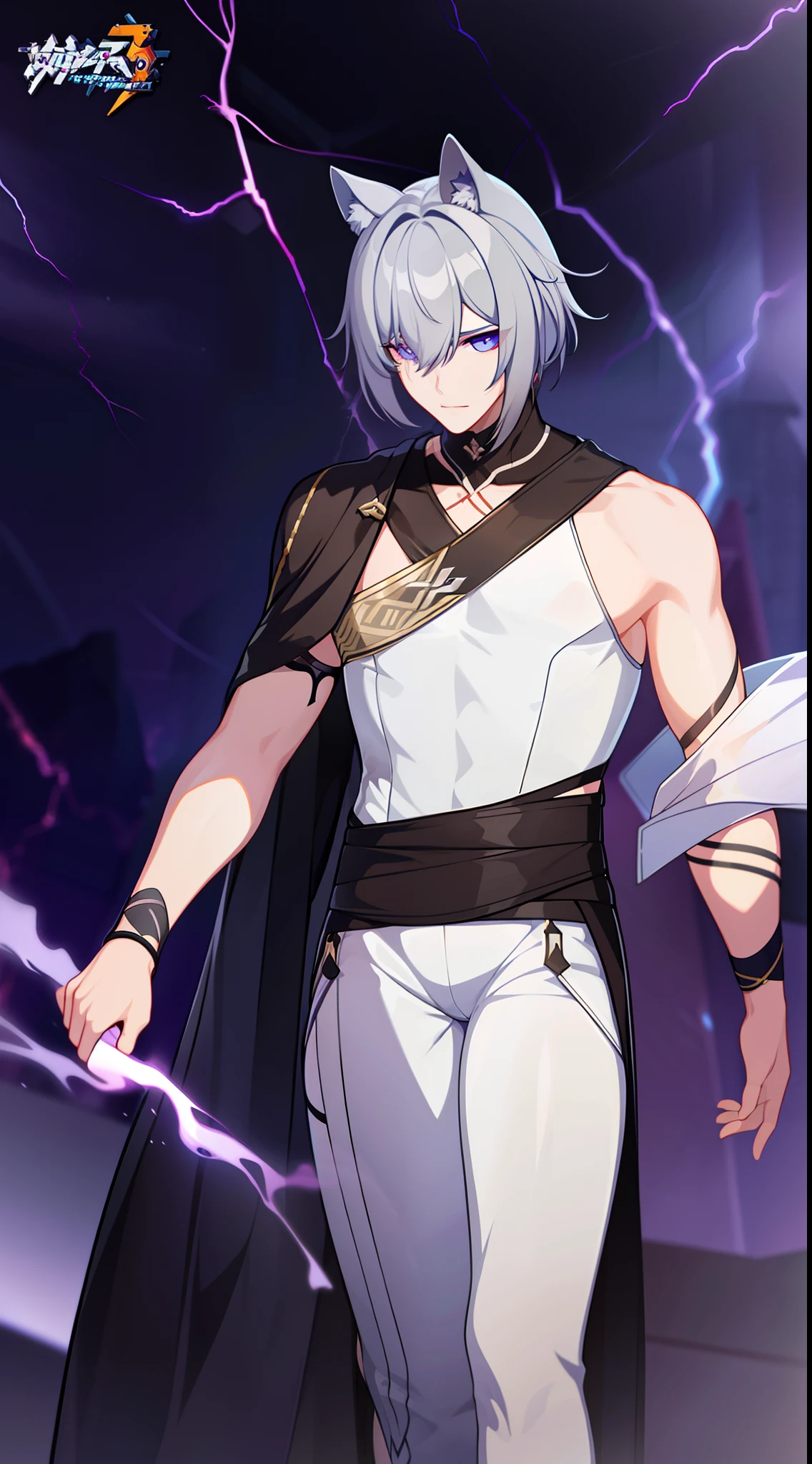 young boy, Gray tousled hair, violet eyes, cat ears, Lots of scars, Lots of lightning strikes, open torso, Body straps, Sleeveless, white kimono, Masterpiece, hiquality, high detail, HD, 4k