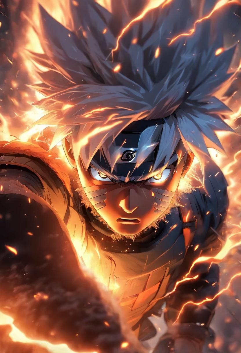 Kakashi Hatake, (in a Firestorm with lighting thunder vfx around), masterpiece, best quality, ultra quality, absurd details, best light, best shadow, sharp, sharp picture, detailed face, detailed eyes, detailed hair, detailed, extremely detailed, great resolution, 8k, 4k, uhd, ray tracing, beautiful effects, image of (full body)