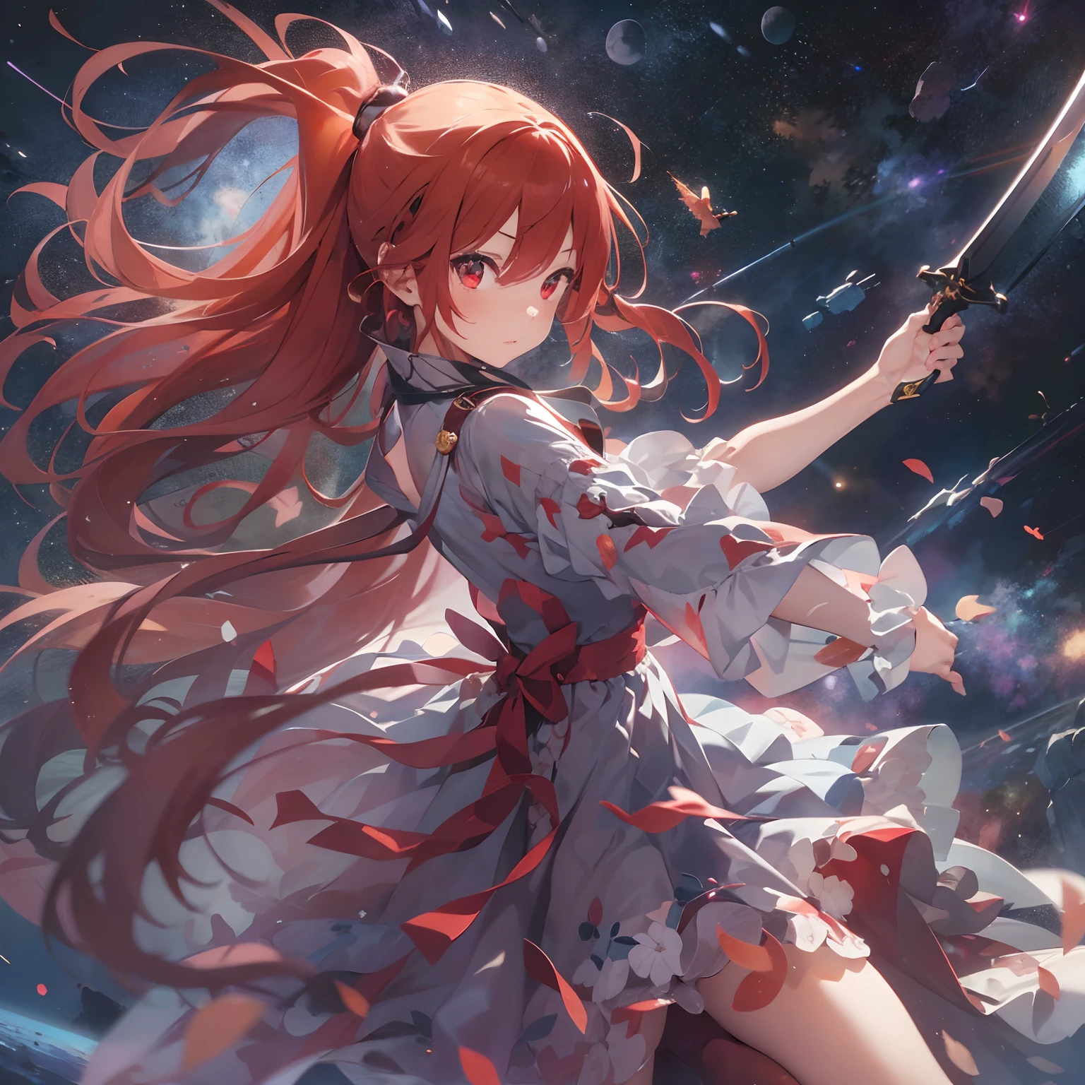 1girl, (young girl), red hair, long hair, (ponytail), ponytail, red eyes, (wearing a dress), beautiful dress, ((flying in the space)),(((detail face))), ((Holding A sword)), Full body