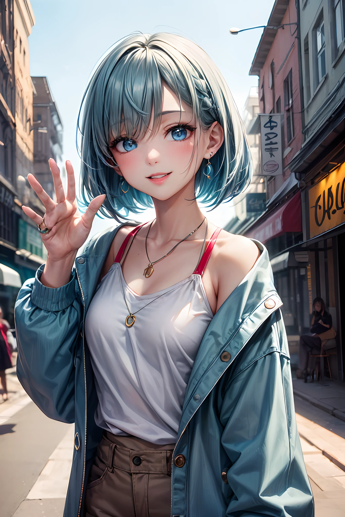 (masterpiece, best quality, high quality, highres, ultra-detailed), 1girl, bangs, bob cut, (bangs between eyes, hair cover one eye, blue eyes, aqua hair), necklace, blue earrings, blue eyes, smile, bokeh, bedroom, lipstick, mature female, (waving), morning, blue sky, outdoor, white shirt, open jacket, city background,