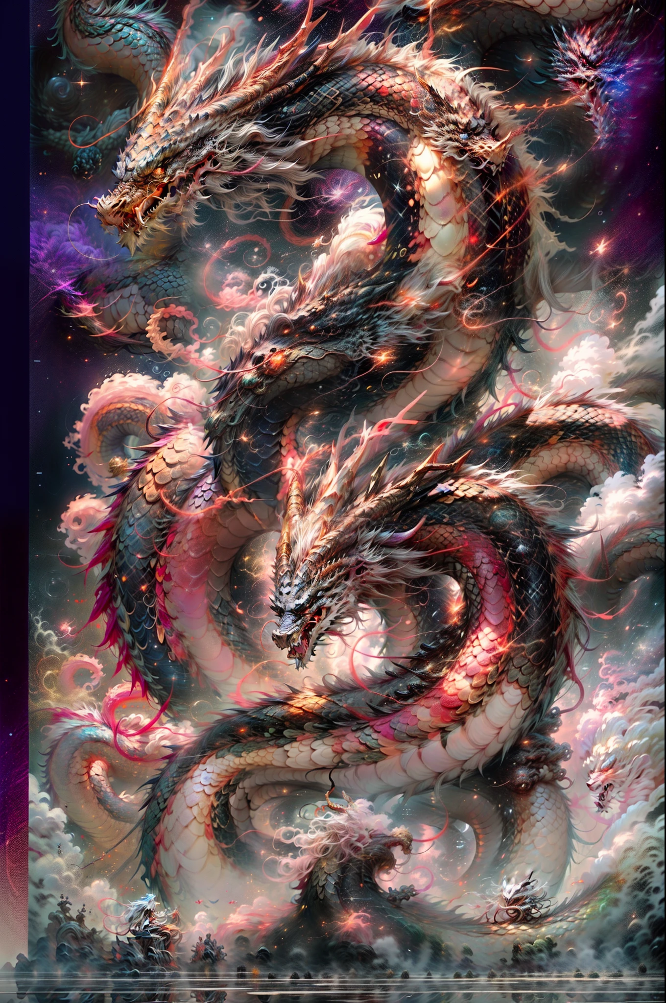 In a dimension where stars collide, the legendary Orochi serpent emerges as an embodiment of celestial fury. Its body is a symphony of radiant colors, mirroring the birth of stars. Its eyes blaze with cosmic fire, and tendrils of energy arc around its form like ethereal lightning. The serpent's presence commands both awe and fear, as it harnesses the power of the cosmos itself, Amidst a cosmic maelstrom, where galaxies spiral and stars explode, the serpent reigns supreme, Epic, cataclysmic, and transcendent, evoking the power of celestial forces.Style: Ultra-realistic digital painting with intricate details and a dynamic interplay of colors.Execution: Rendered in a hyper-realistic style, using advanced digital techniques to capture the complex interstellar environment and the serpent's celestial energy,