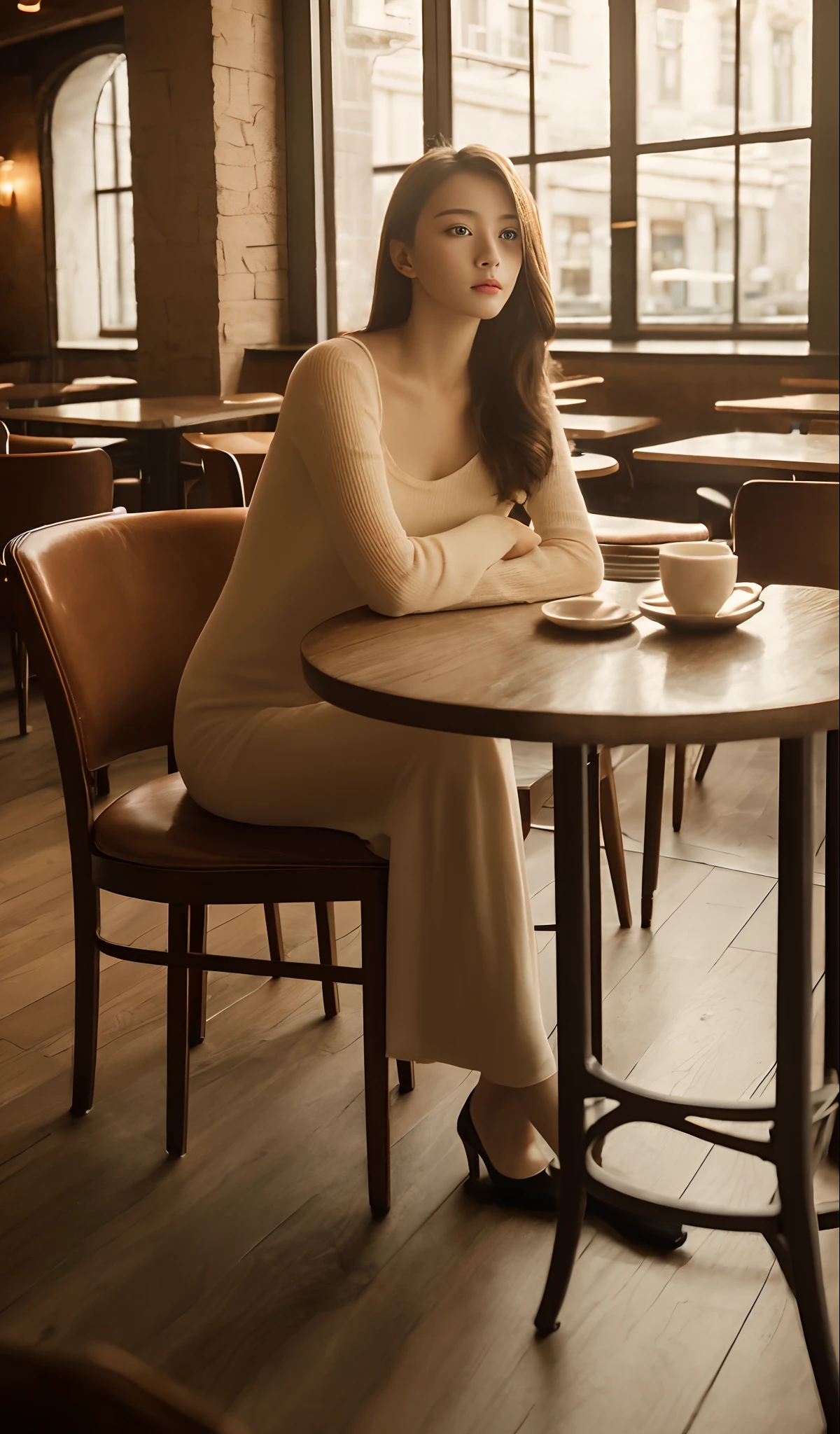 A beautiful model sitting in a café, featuring an elegant and dignified atmosphere, bright color tones, soft atmosphere, warm and cozy ambiance, telephoto lens, soft lighting, positive film, GAN technology, Unity engine, 4K ultra high definition. There is a delicate handbag placed on the table.