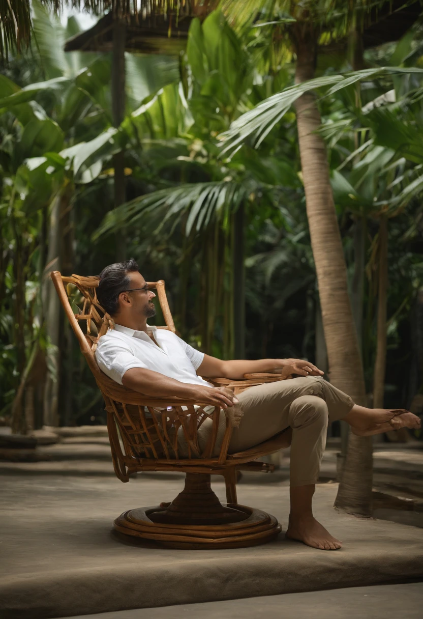 Use the chair shown in the picture I uploaded - a man is relaxing on the island of Bali, sitting on this chair, the chair is swaying, the chair is made of environmentally friendly material. He feels like he’s in the forest, but the man is sitting at home behind the glass, looking at the palm tree outside the windows. - we have an ergonomic chair for which we need to make 2-3 creative things. the main thing is that it rhymes with Bali and with the idea of the environmental friendliness of the product, because it is made from recycled plastic