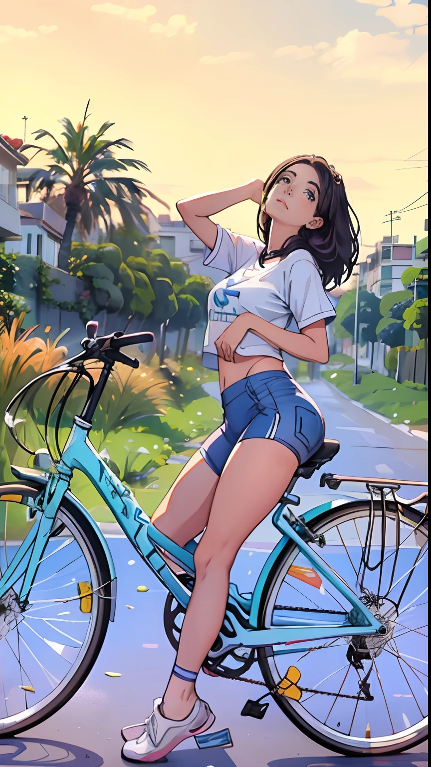 Mujer araffe sentada en una bicicleta azul en un camino pavimentado, Bicicleta, andar en bicicleta, anda en bicicleta, Bicicleta en el fondo, chica sexy con pantalones cortos, ciclismo!!, caliente con sol brillante, Parece realista, pose casual, Bicicletas, foto de perfil, Alena Aenami y Lilia Alvarado, sexy girl, vista baja, joven hermosa amouranth