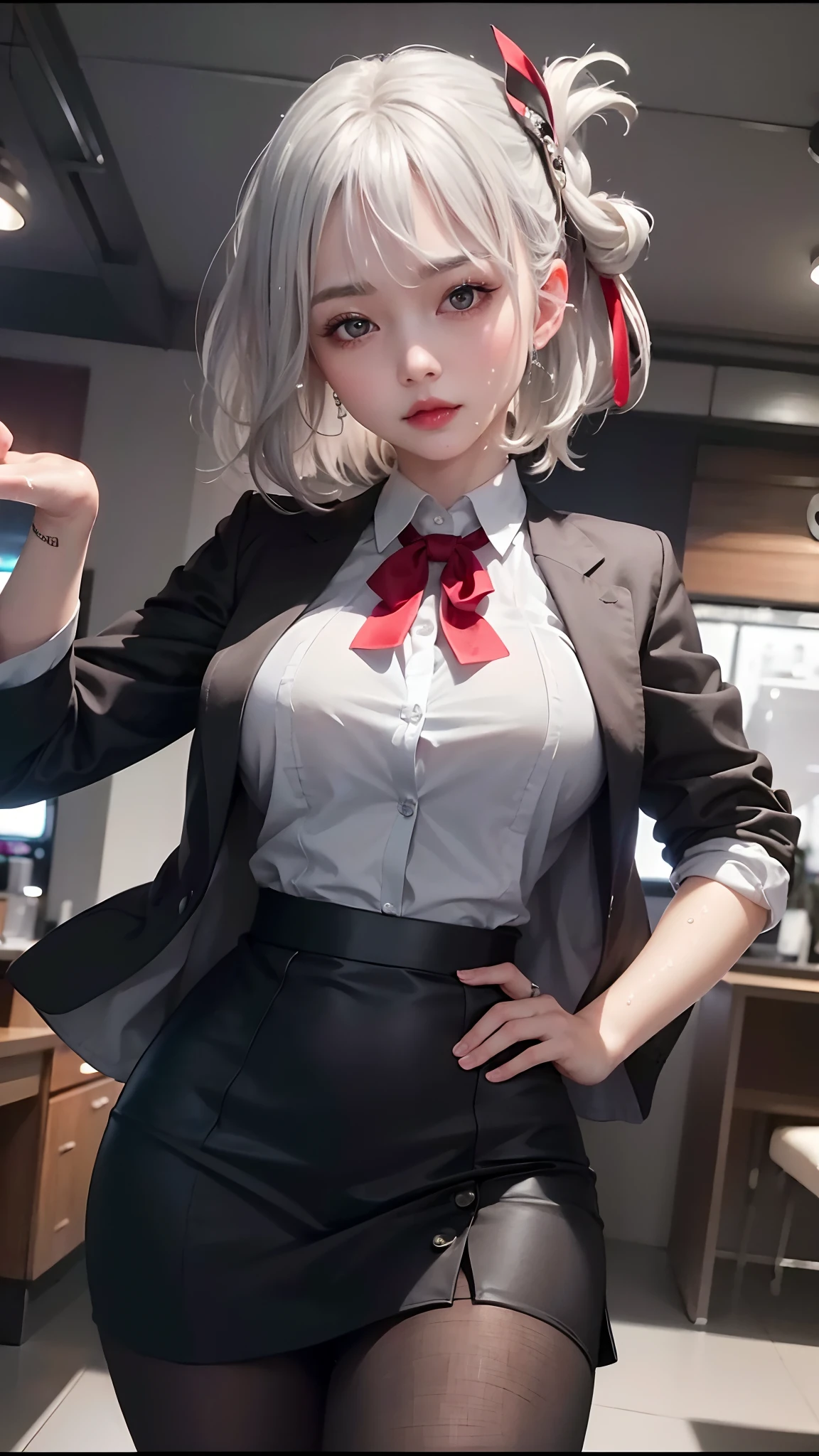 best quality, ultra high res, (photorealistic:1.4), 8k resolution, girl, (silver hair:1.3), (realistic hair:1.2), (Korean girl:1.2), (realistic eyes:1.2), (beauty face:1.3), perfect body, white pale skin, big breast, cleavage, , (eyes looked up:1.3), (wet body and thong:1.2),