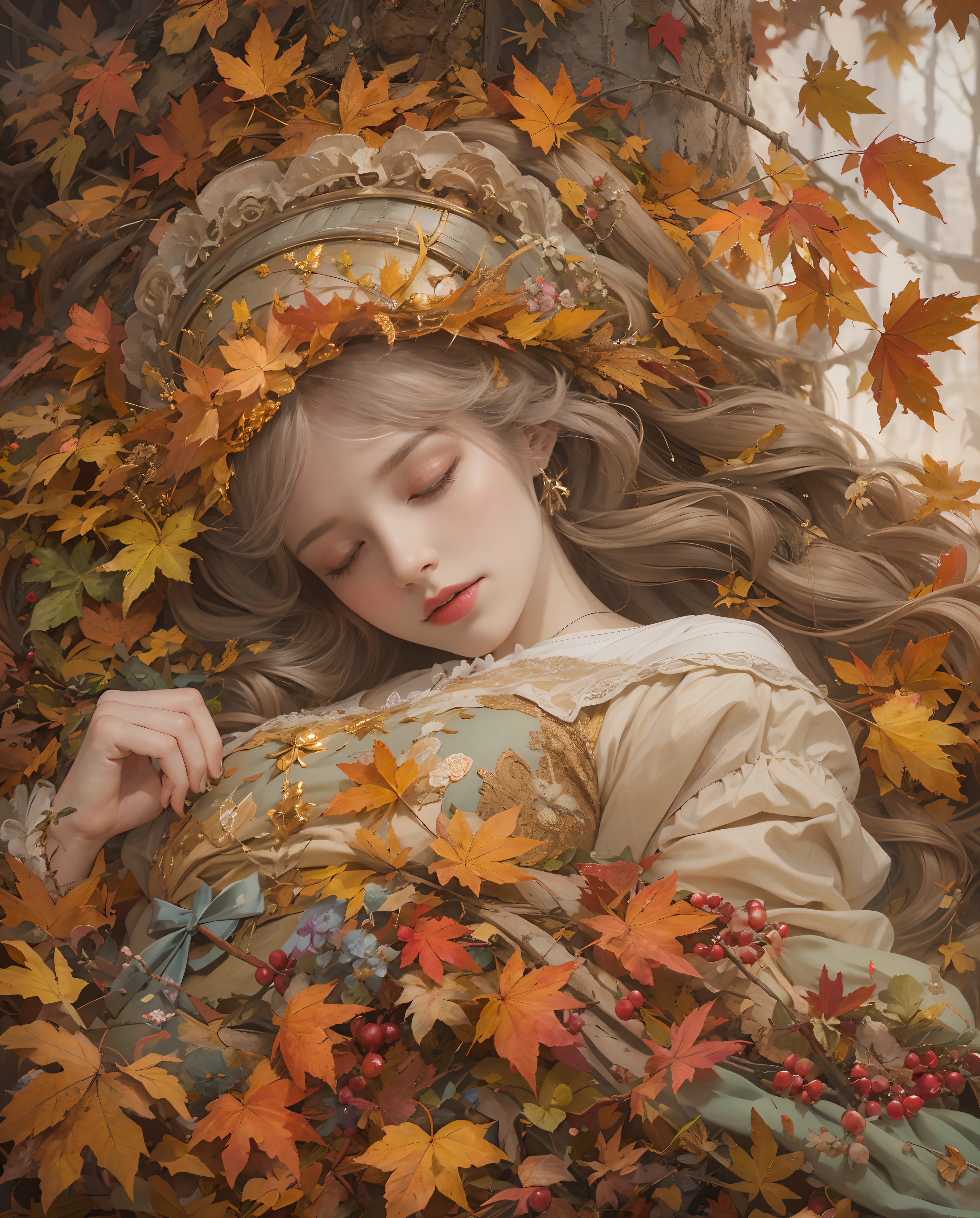 Best quality, masterpiece, meticulous details, intricate detail, a mystical autumn lady sleeping beauty