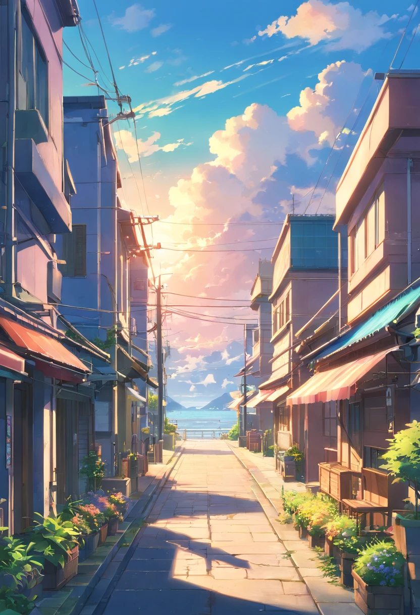 ridiculous resolution, high resolution, (Meisterwerk:1.4), super detailliert, Expansive landscape photography, (Ein Blick vom Boden des Himmels), Dämmerungshimmel, Wolken, Leuchtsignal, schwimmend, Anime-Hintergrund, --v 6