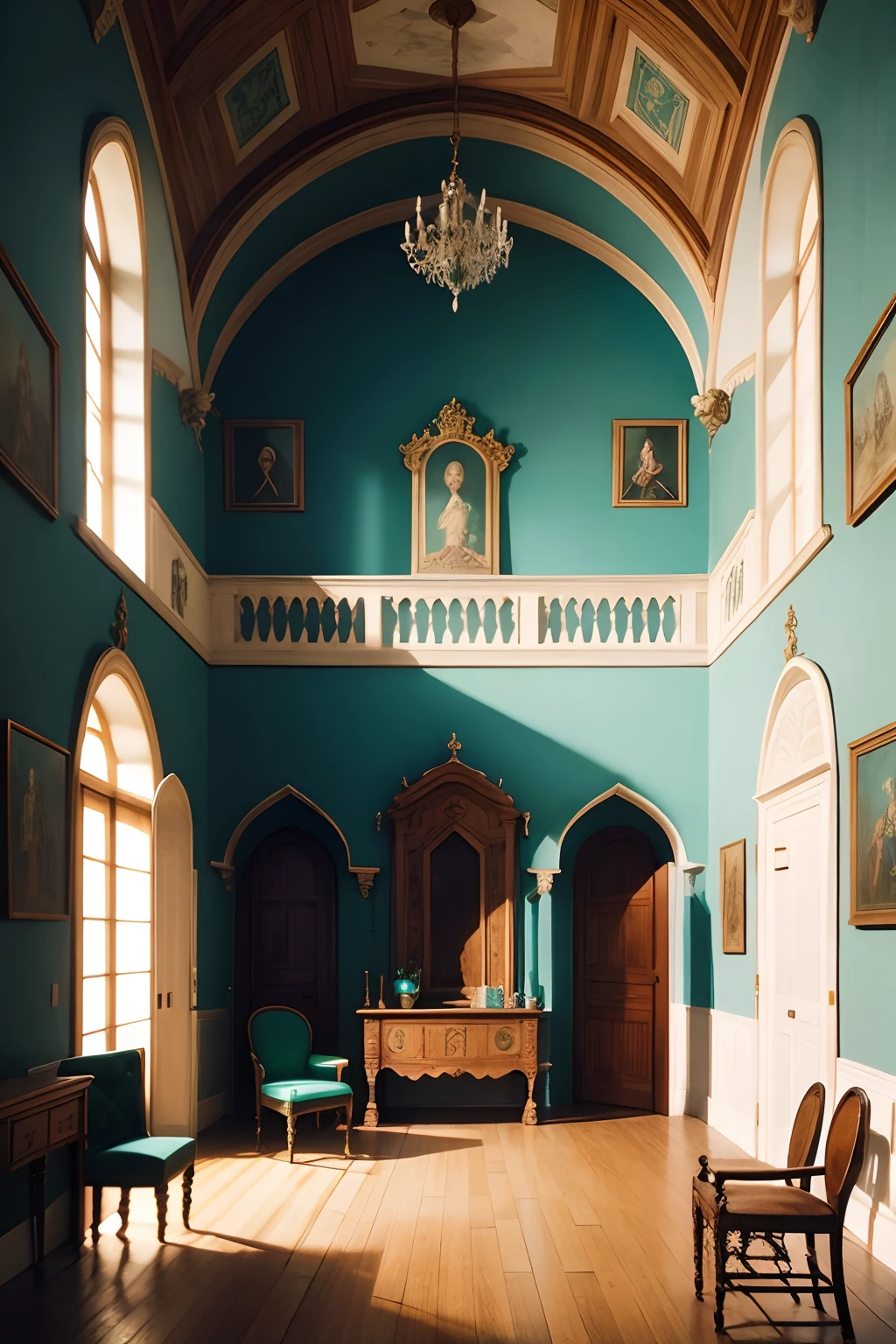 A medieval hall by wes anderson in teal and lime, baroque furniture by Daniel Merriam