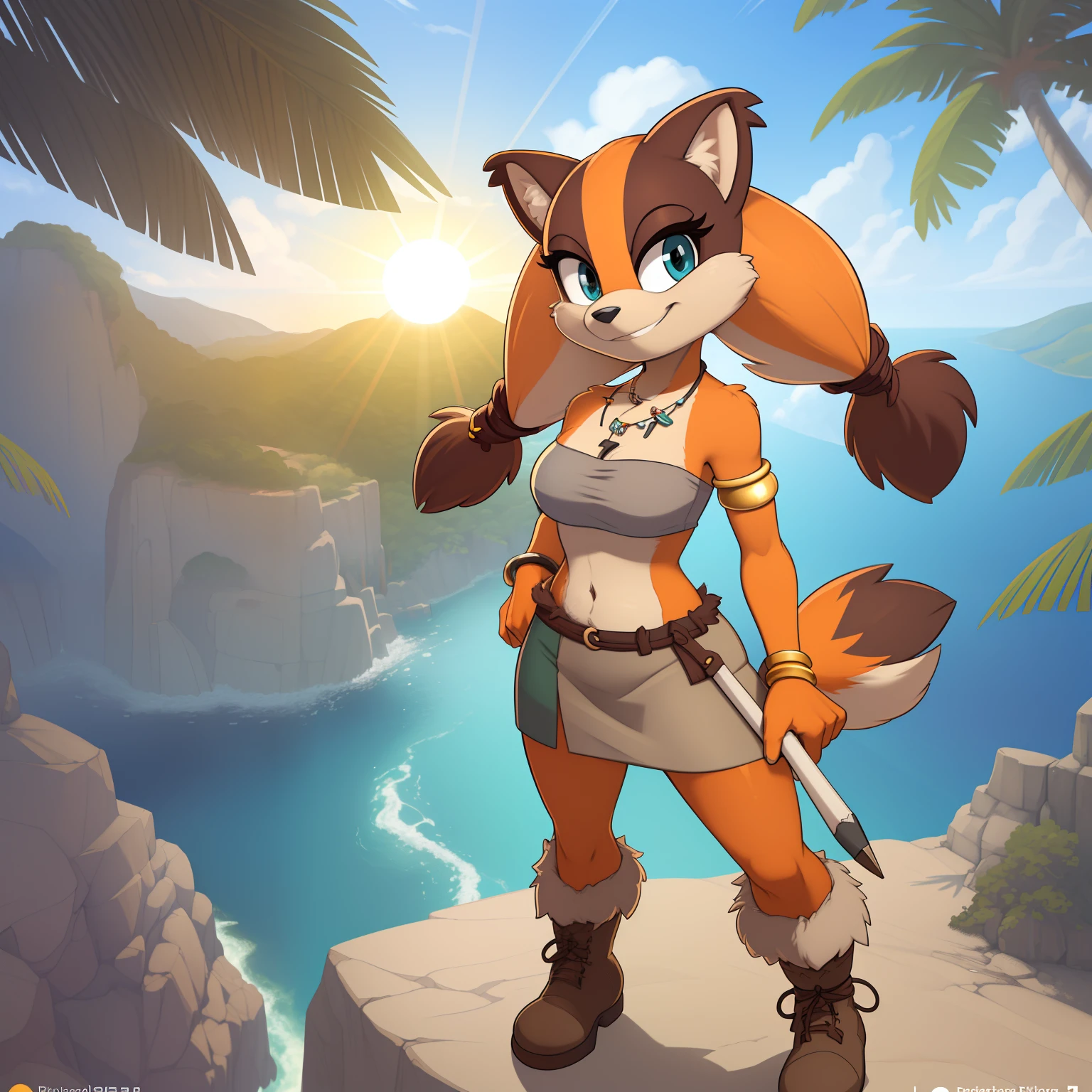 [sticks the badger], [Uploaded to e621.net; (Pixelsketcher), (wamudraws)], ((masterpiece)), ((solo portrait)), ((front view)), ((furry; anthro)), ((detailed fur)), ((detailed shading)), ((beautiful render art)), {anthro; (brown and orange fur), (multi-colored fur), (black nose), (twintails), cute teal eyes, (smug smirk), white teeth (short tail)}, {(grey pelt bandeau), small boobs, (tan pelt pencil skirt), (tan pelt boots with fur lining), (gold armlet), (silver bracelet), (necklace)}, {(standing), (looking ahead), (dynamic)}, [background; (tropical trees), (safari), (sun rays)]