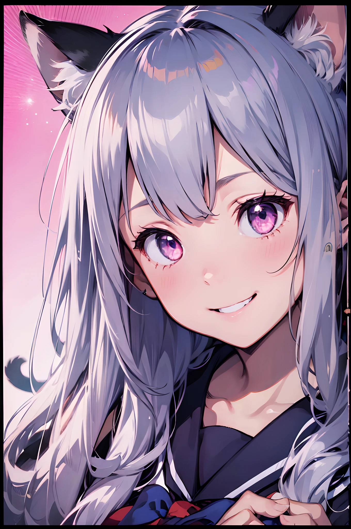girl with、hi-school girl、Sailor Uniform、Colossal tits、silber hair、long silvery hair、cat ear、Pink eyes、Evil smile