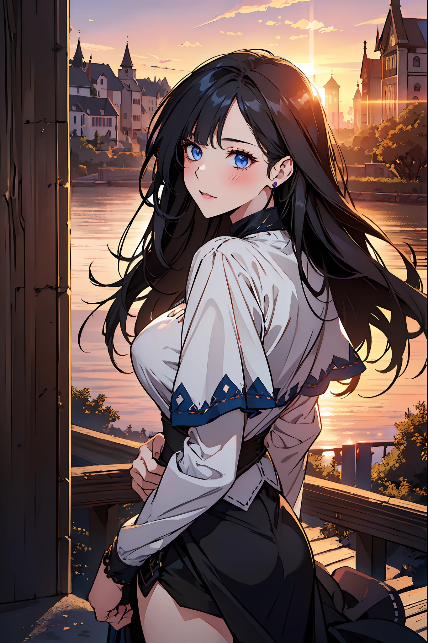 ((one girl)), dark blue eyes, (((same eyes, same eye style))), long hair, A beautiful girl is on the road, 25 years old, masterpiece, highest quality, blue shirt, cleavage, shoulders exposed, white mini skirt, big breasts, portrait, (high quality :1.5), black hair, (((happy)), blush, Tall body, outdoors, (((medieval era, village))), laugh, ((high resolution)), ((sunset in the back)), ((bridge)), mature face