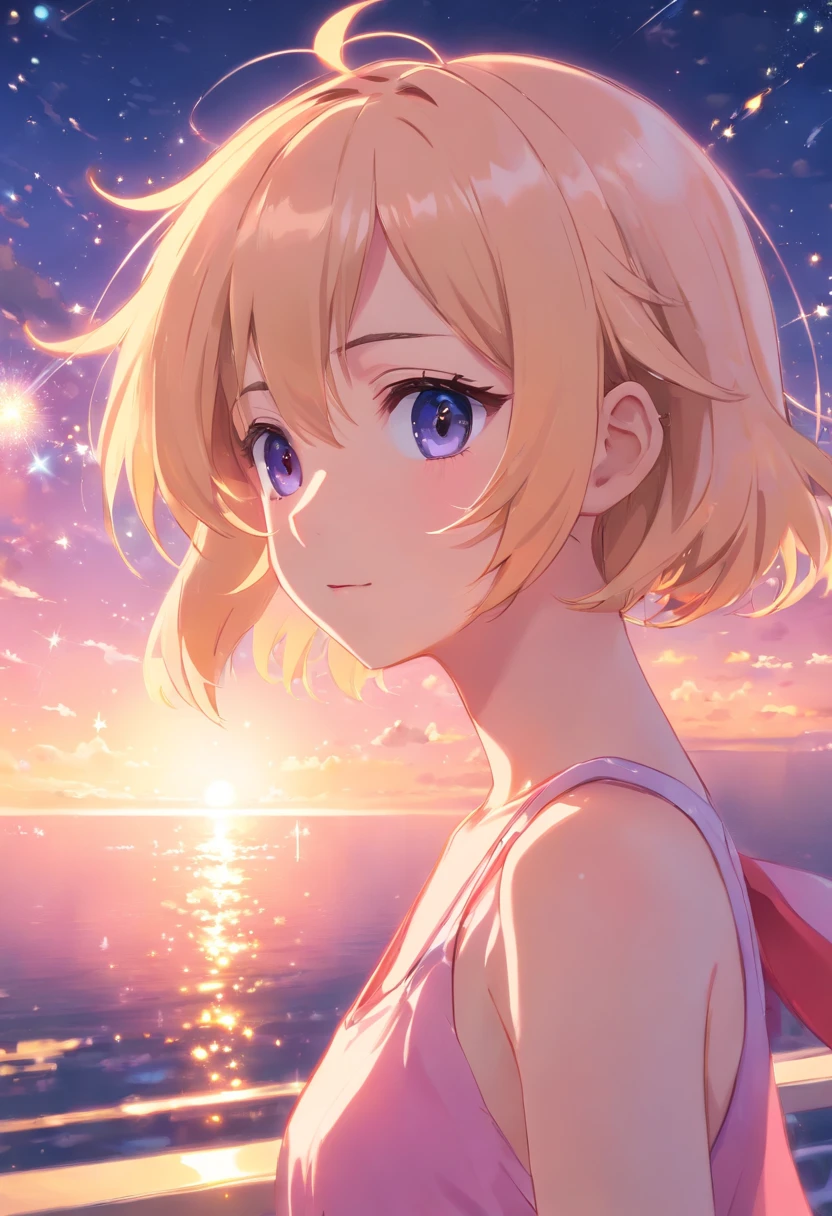 Profile of a cheerful blonde short-haired girl, side boob exposed　Indigo eyes　starry skies