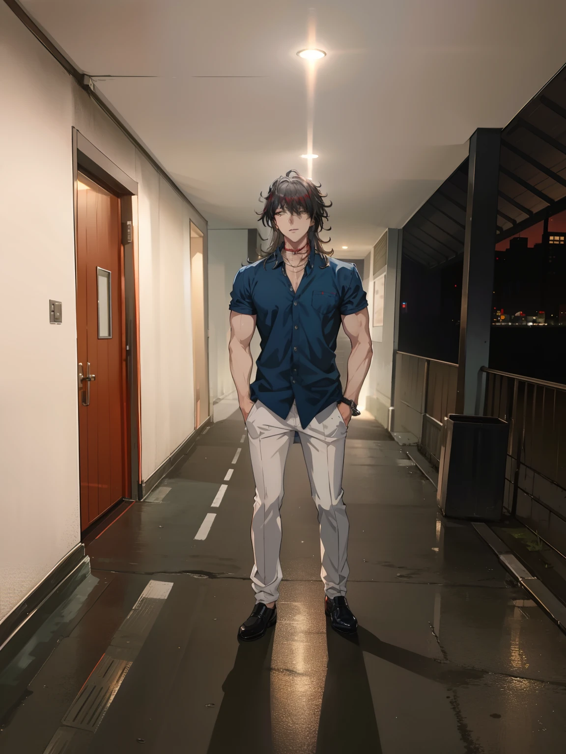 masterpiece, best quality, highres, high quality, 1boy, solo, male focus, looking at viewer, upper body, hair, realistic, vox akuma, grey hair with blue highlight , in the middle of the city