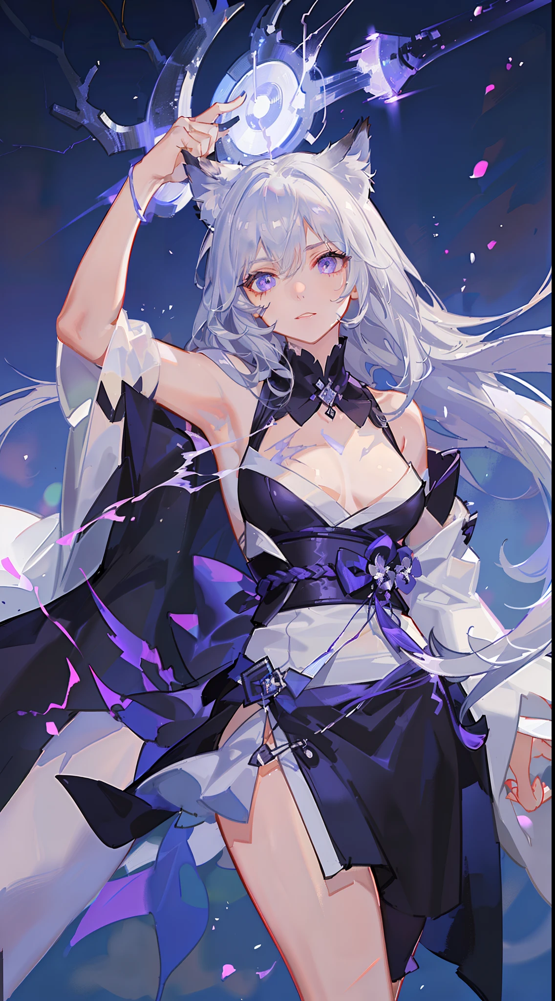 young boy, Gray tousled hair, violet eyes, cat ears, Lots of scars, Lots of lightning strikes, open torso, Body straps, Sleeveless, white kimono, Masterpiece, hiquality, high detail, HD, 4k