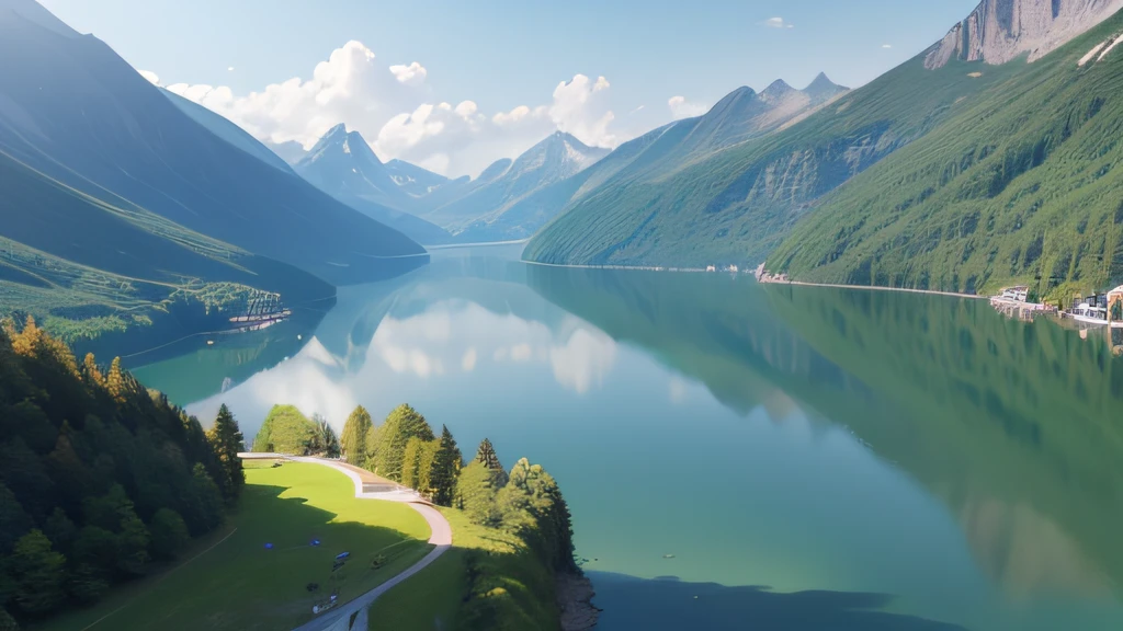 Beautiful scenery by the lake、high-level image quality、The scenery is photographic、The person is a character style、Writing work