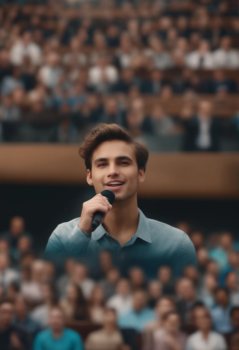 young man speaking in front of many people, high quality, hd, super hd, someone speaking in front of many people, man speaking in front of many people, in front of many people, speaking in front of many people,