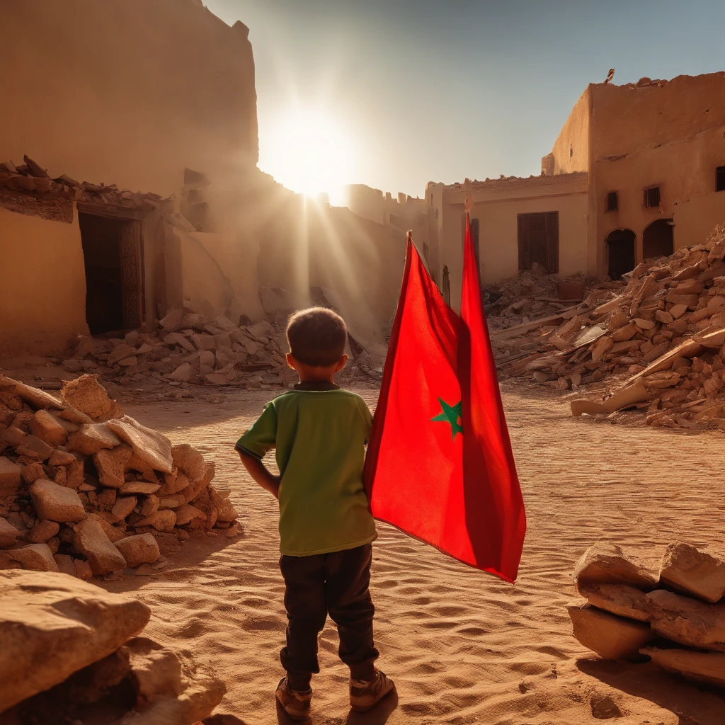 Morocco earthquake, one  from behind holding red Moroccan flag looking at rubble and destruction, somber, hope, sunrays, (masterpiece:1.1) (best quality) (detailed) (intricate) (8k) (HDR) (cinematic lighting) (sharp focus:1.1)