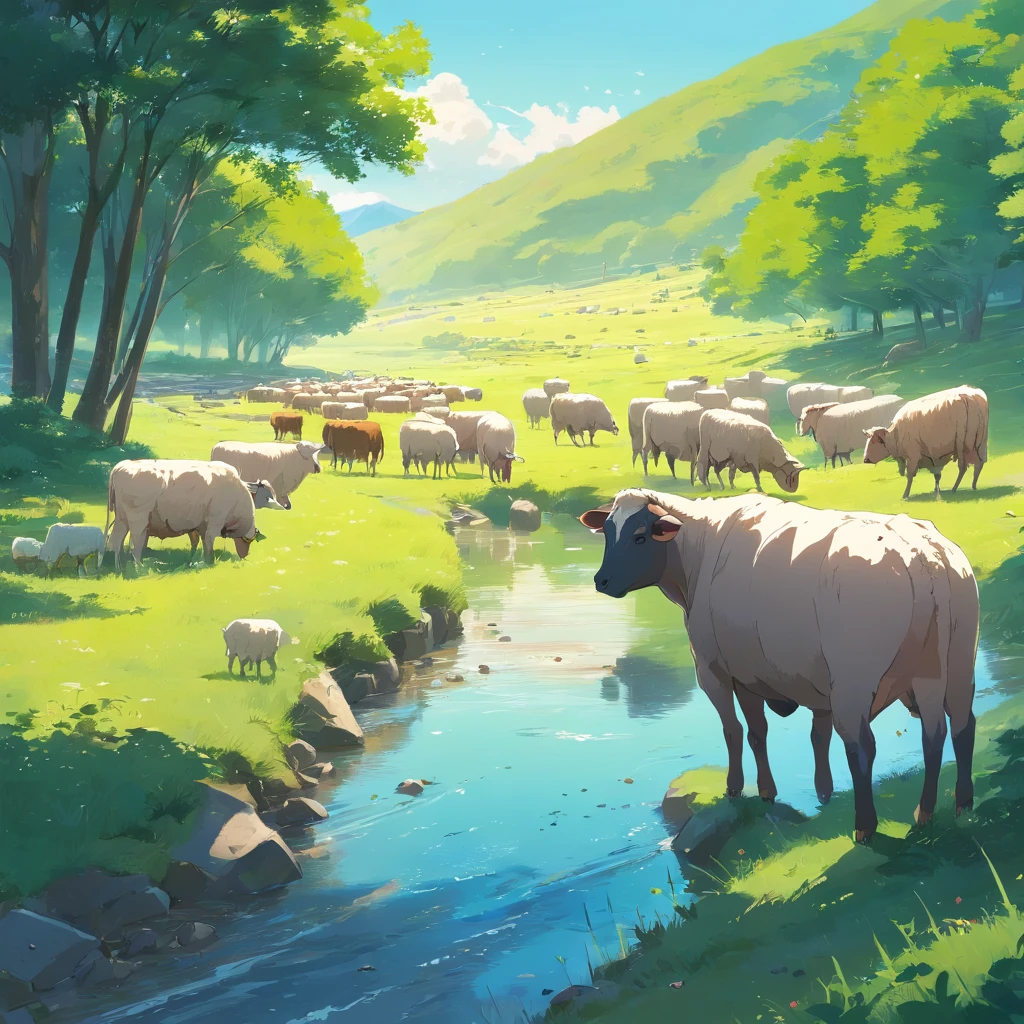 A herd of cattle and sheep graze by the creek