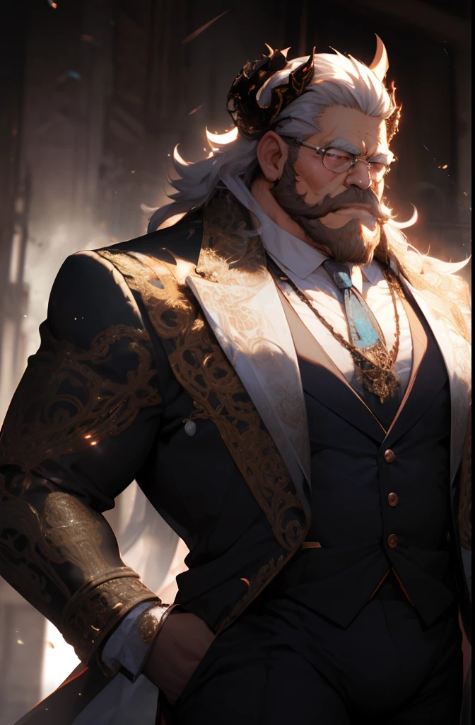 (old man:1.0), (bara:1.0),(admiral:1.0),(boss:2.0), (thick body:2.0),fat,(ornate suit:2.0),long tie,luxury,(small devil horns),(white beard:2.0),short white hair,(handsome), sharp gaze, in cage,(red eyes: 2.0),big eyes, (big bulge:2.0), standing, hide hands behind hip, hd quality, masterpiece, (extremely detailed), looking to the viewer, perspective view, UHD, 64k, unreal.(highly detailed skin), (detailed face), detailed background, dark lighting, twilight lighting, volumetric lighting, intricate details, UHD, evil, corrupted