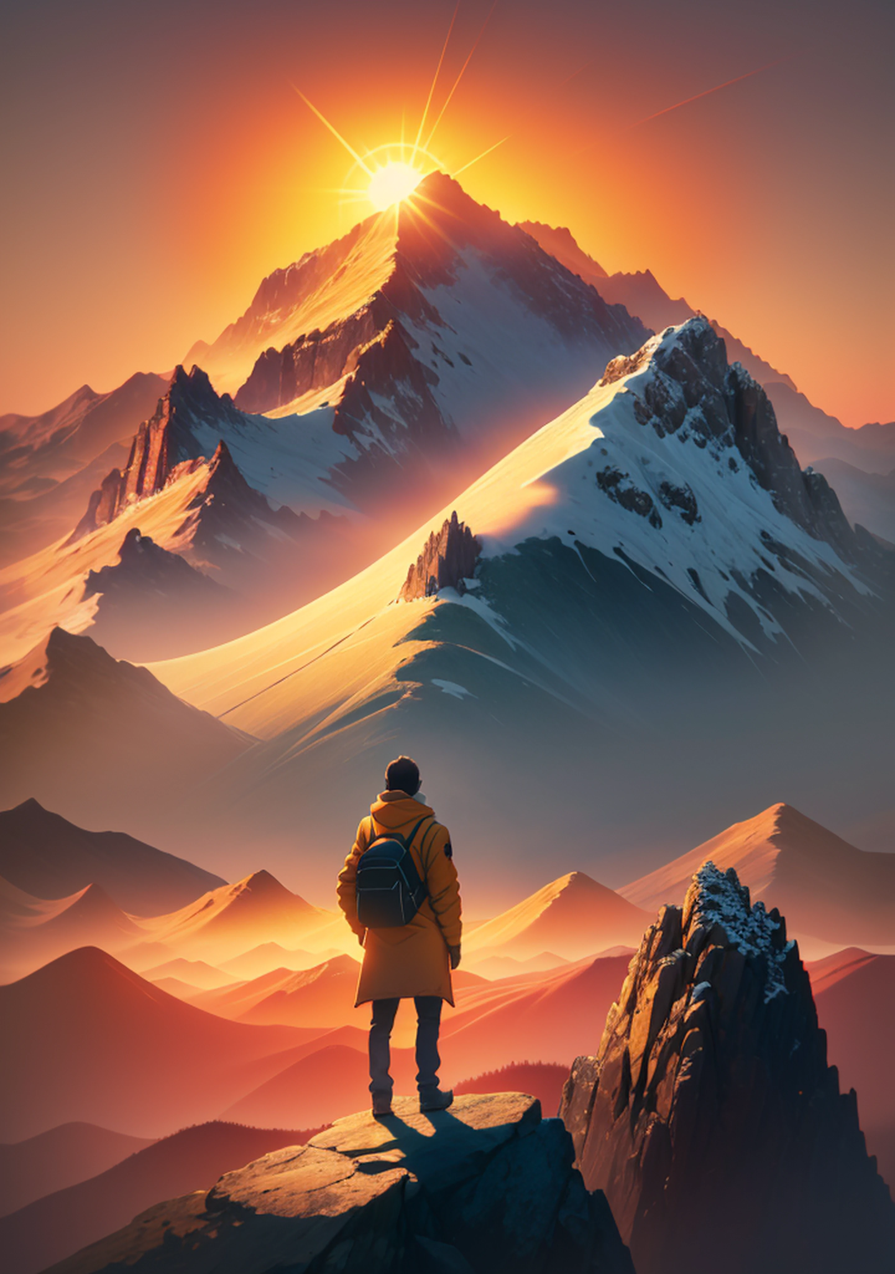 An animated graphic of a person standing at the edge of a range of towering mountains, facing away from the viewer, with the sun rising brilliantly behind the peaks, creating a dramatic backlight effect. The person's silhouette should convey a sense of ambition and aspiration. Incorporate gradients of warm oranges, reds, and yellows to emphasize the sunrise and silhouette effect.