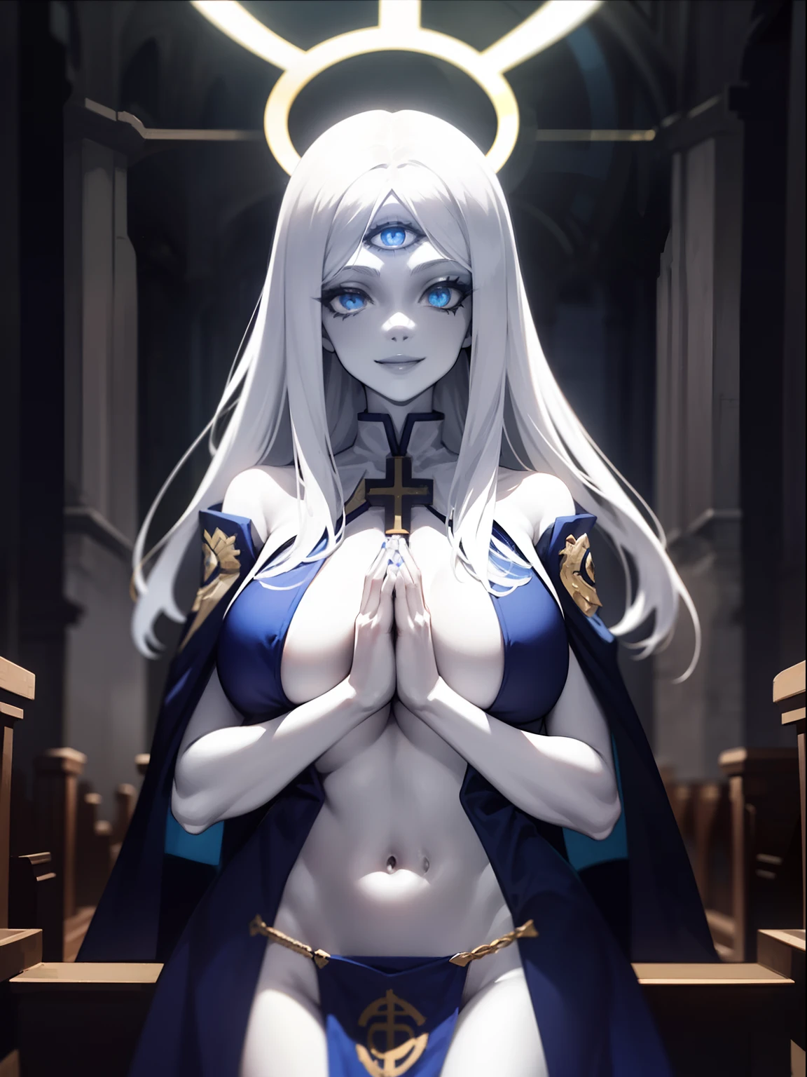 1girl,solo,(pale skin), blue eyes,demonic third eye,white hairs,long hairs,large breasts ,priest,smile, church,halo,own hands together,underboob