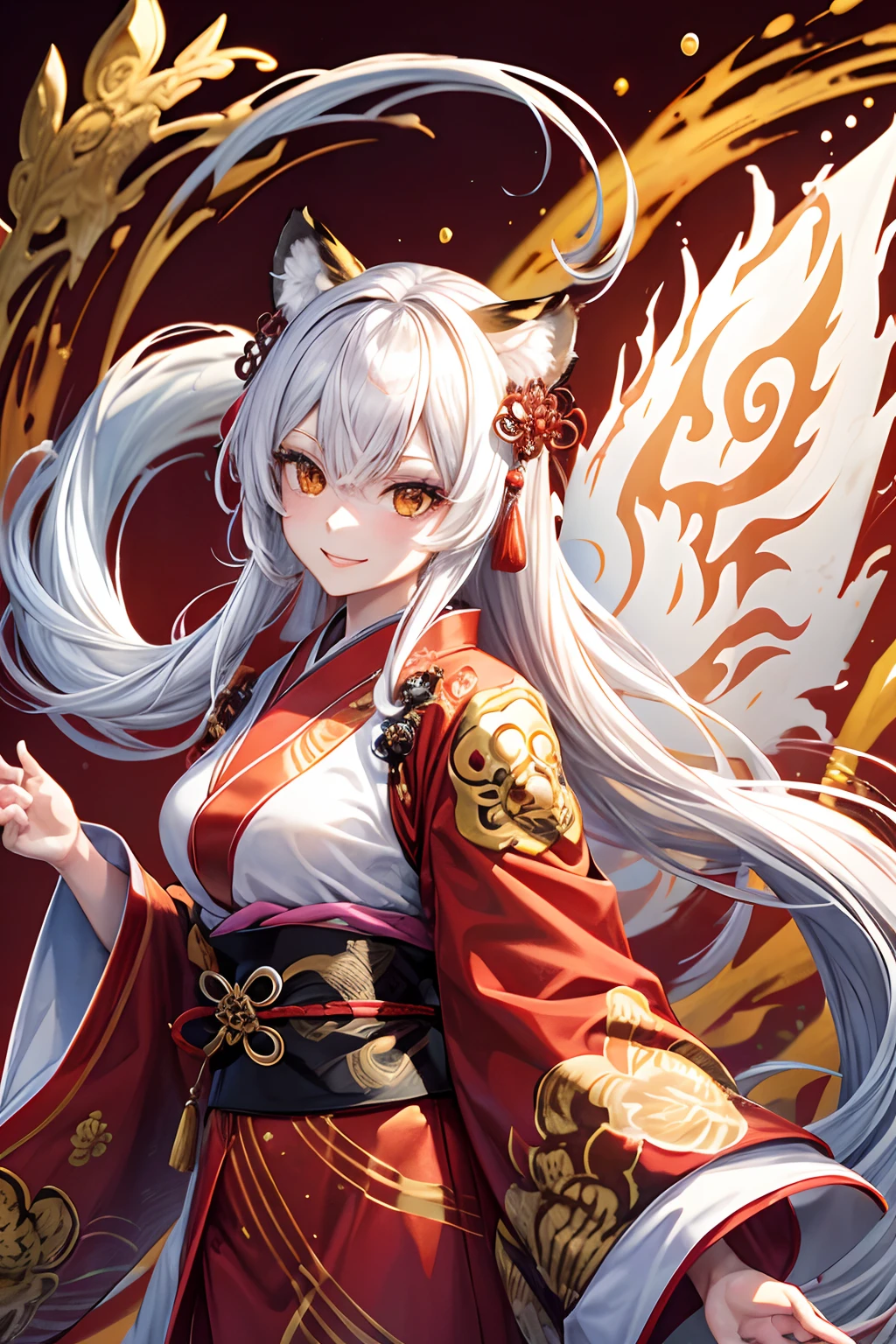 (Splash Art), (masutepiece ,Best Quality:1.2), 1girl in, Detailed face, Smile strongly、 White hair, colourfull, Red and white Chinese style kimono、Long length, Tiger ears、Precision Line, Large-scale muralists, manticore, Tiger and White Tiger, Gold-sprinkled background