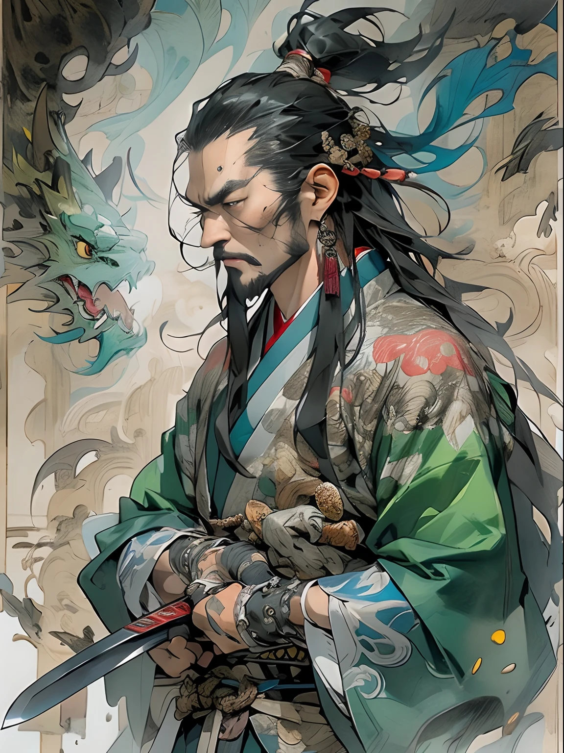 (((China-style,Ink painting method,Half-length portrait,Intense color,Han dynasty, China,Hanfu,Armor,Guan yu,Guan Yunchang,of a guy,Ruddy killing square face,Hold the Blue Dragon Moon Knife in his right hand,Stroke your beard with your left hand,Long hair,petty eyes,Green robe))), (((best qualityer))), (((tmasterpiece))), (((AS-Adult))), ((( Japanese ))), Look up from your knees, Handsome Asian samurai,perfect body figure, Modern samurai, ((( Asian))), Wear gloves on your hands,The left arm is made of steel and metal tips,Made of protective devices, The eyes are pulled, (( Appears below the chest )), (( Small dental floss )), Simon Bisley, Almost naked(Simon Bisley)Castle City Wilderness,For high-resolution posters, hair straight, Minimum clothing, armure (Crazy clothes ), Full of tips and rivets, tribal tattoos, (((full bodyesbian))), Straight brunette hair,Colored hair ends