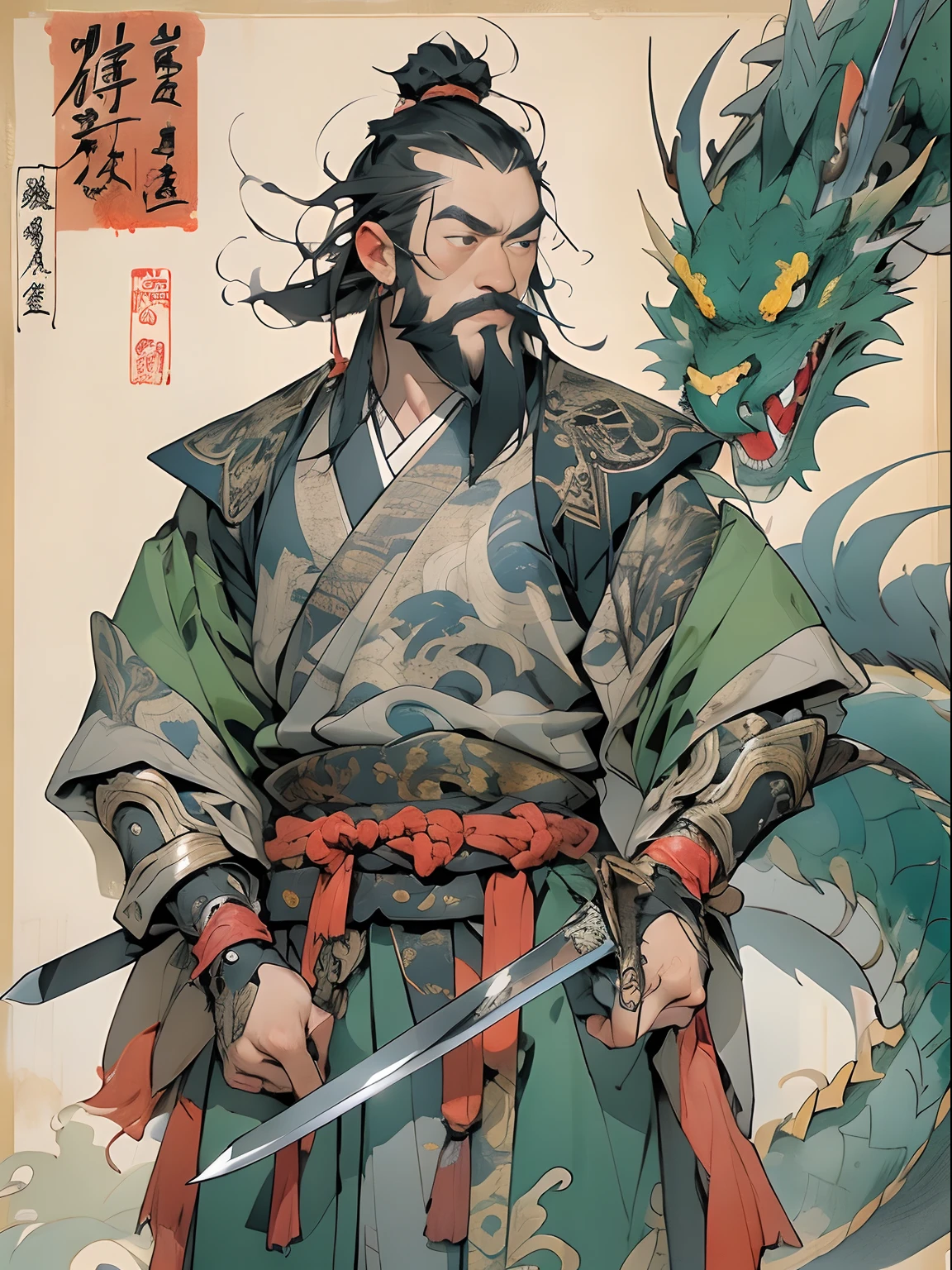 (((China-style,Ink painting method,Half-length portrait,Intense color,Han dynasty, China,Hanfu,Armor,Guan yu,Guan Yunchang,of a guy,Ruddy killing square face,Hold the Blue Dragon Moon Knife in his right hand,Stroke your beard with your left hand,Long hair,petty eyes,Green robe))), (((best qualityer))), (((tmasterpiece))), (((AS-Adult))), ((( Japanese ))), Look up from your knees, Handsome Asian samurai,perfect body figure, Modern samurai, ((( Asian))), Wear gloves on your hands,The left arm is made of steel and metal tips,Made of protective devices, The eyes are pulled, (( Appears below the chest )), (( Small dental floss )), Simon Bisley, Almost naked(Simon Bisley)Castle City Wilderness,For high-resolution posters, hair straight, Minimum clothing, armure (Crazy clothes ), Full of tips and rivets, tribal tattoos, (((full bodyesbian))), Straight brunette hair,Colored hair ends