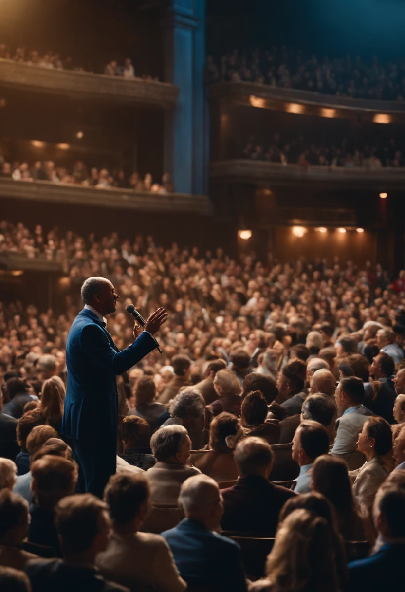 A man is speaking in front of a crowd, HD quality, High resolution, many people are watching